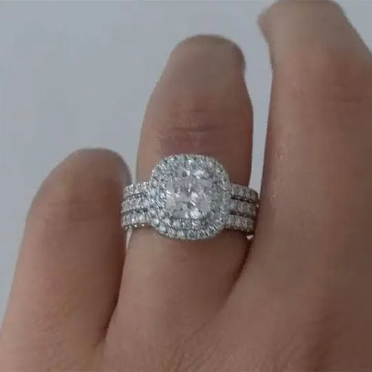 Double Halo Cushion Cut 3-Pieces Wedding Set
