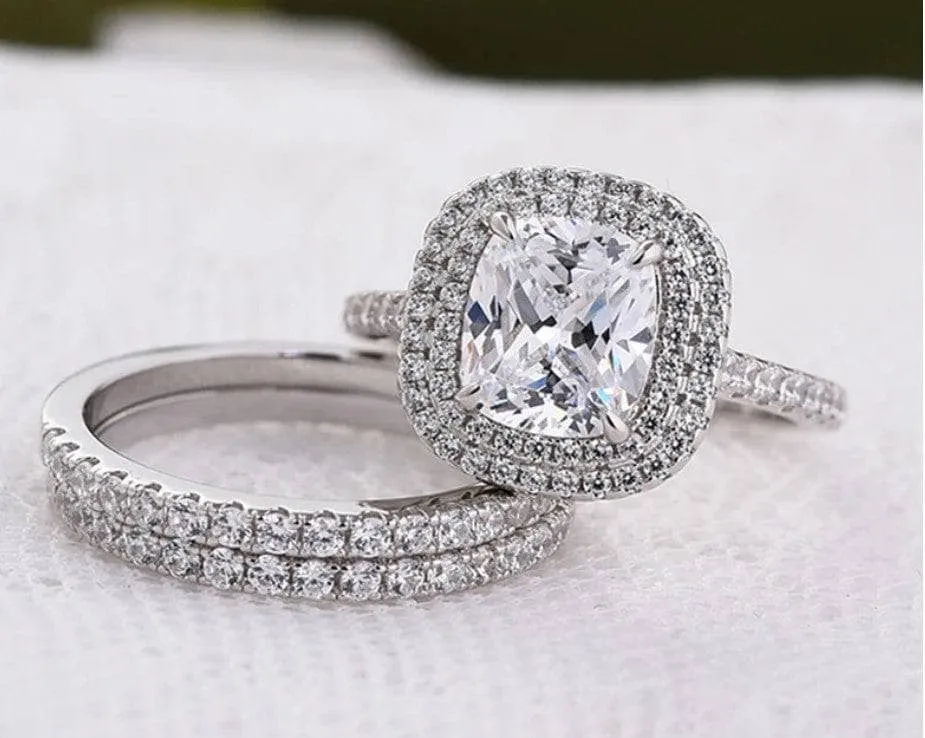 Double Halo Cushion Cut 3-Pieces Wedding Set