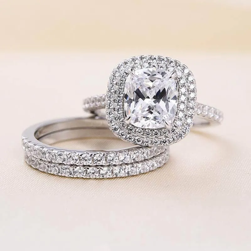 Double Halo Cushion Cut 3-Pieces Wedding Set