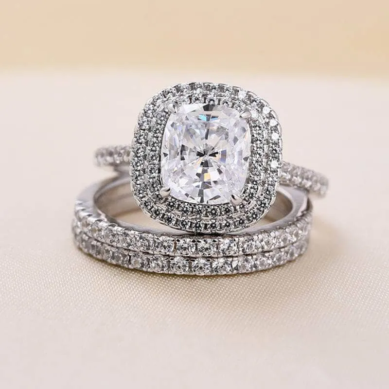 Double Halo Cushion Cut 3-Pieces Wedding Set