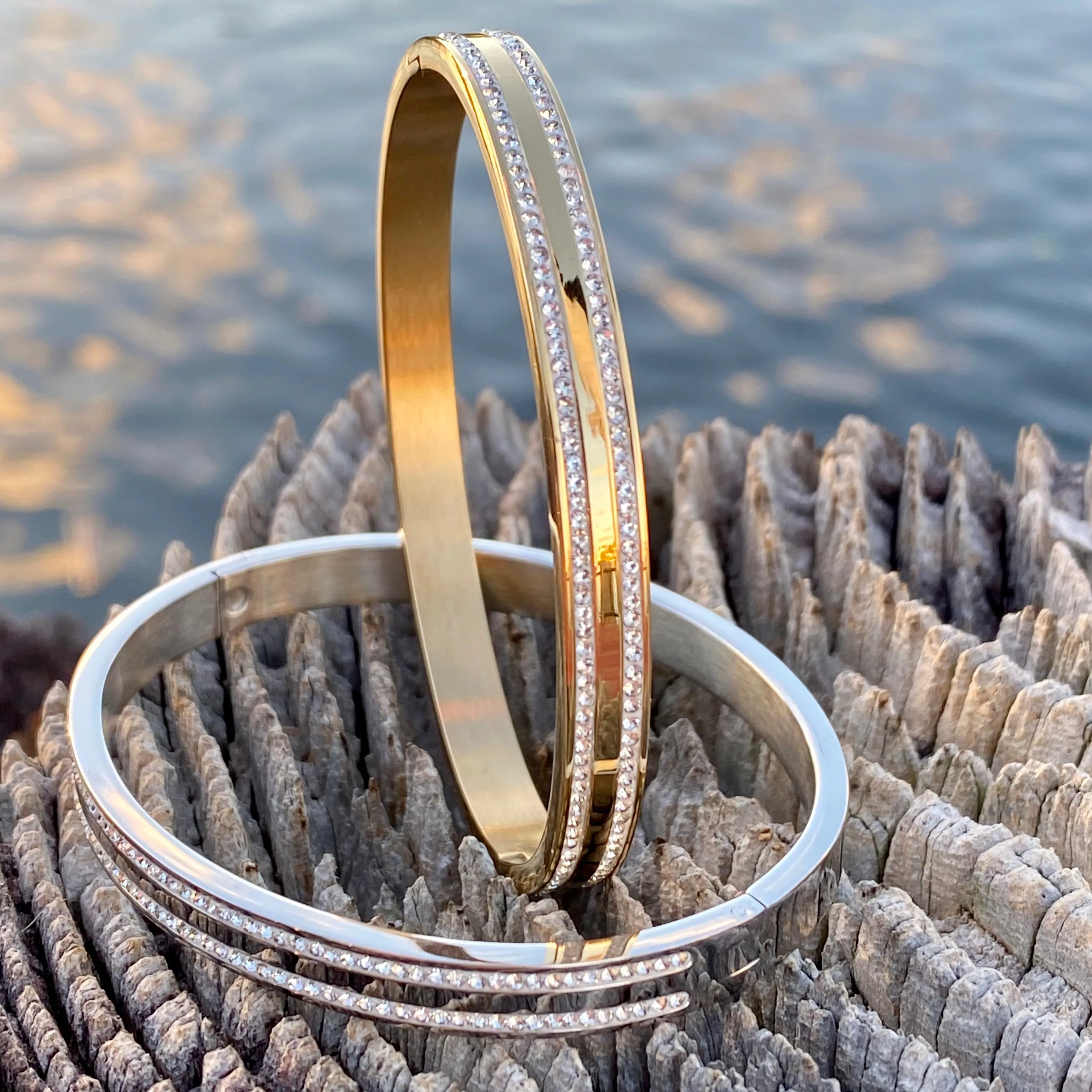 Double Row CZ Band Bangle Bracelet- Gold and Silver