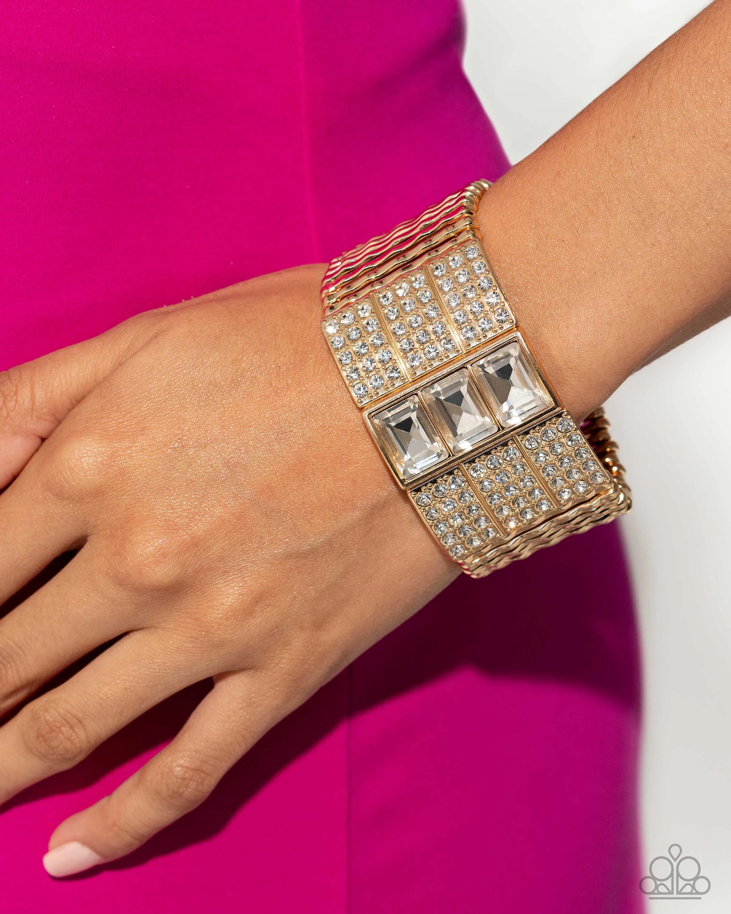 Dramatic Diva - Gold - White Rhinestone Paparazzi Stretchy Bracelet - June 2024 Life of the Party Exclusive