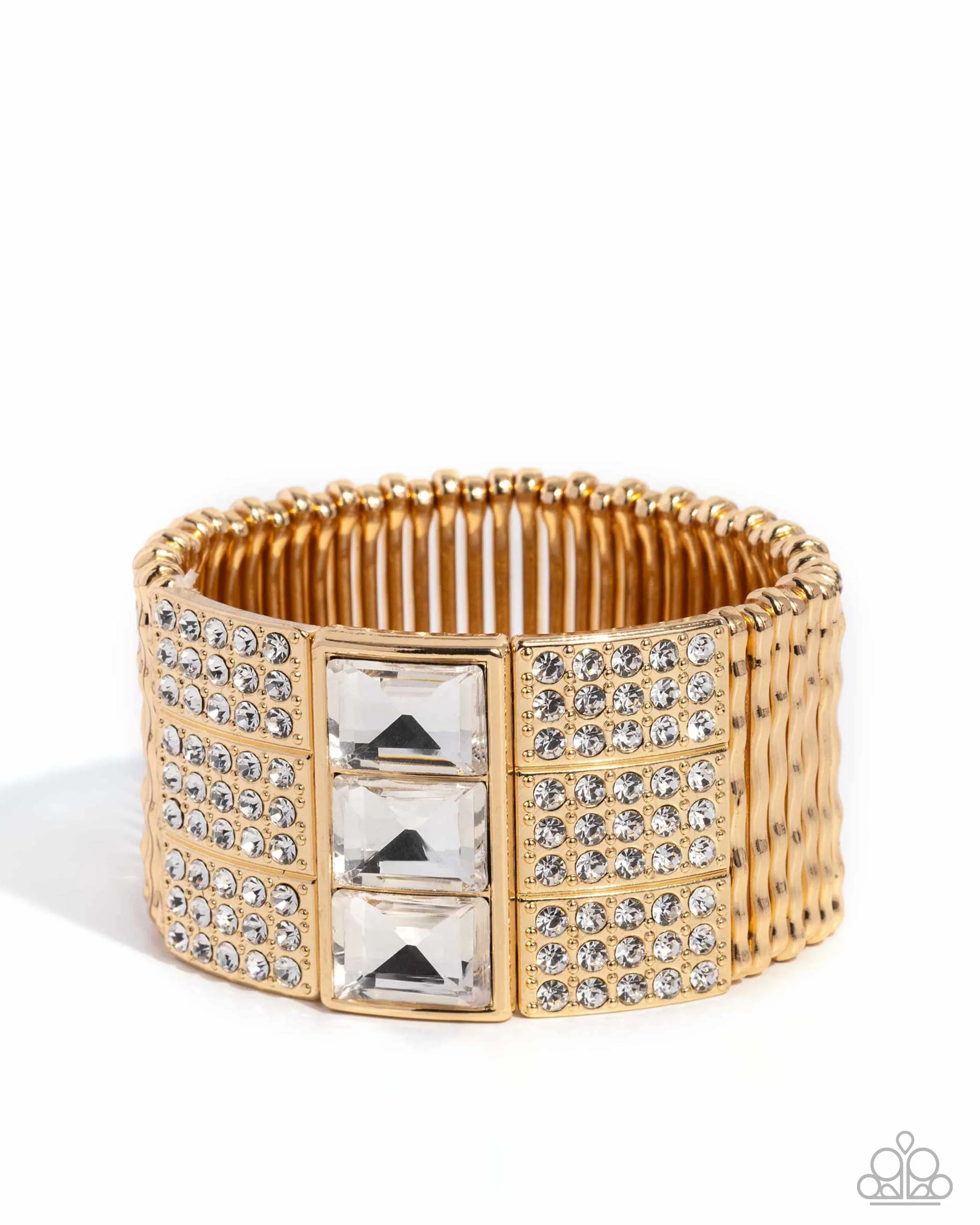Dramatic Diva - Gold - White Rhinestone Paparazzi Stretchy Bracelet - June 2024 Life of the Party Exclusive