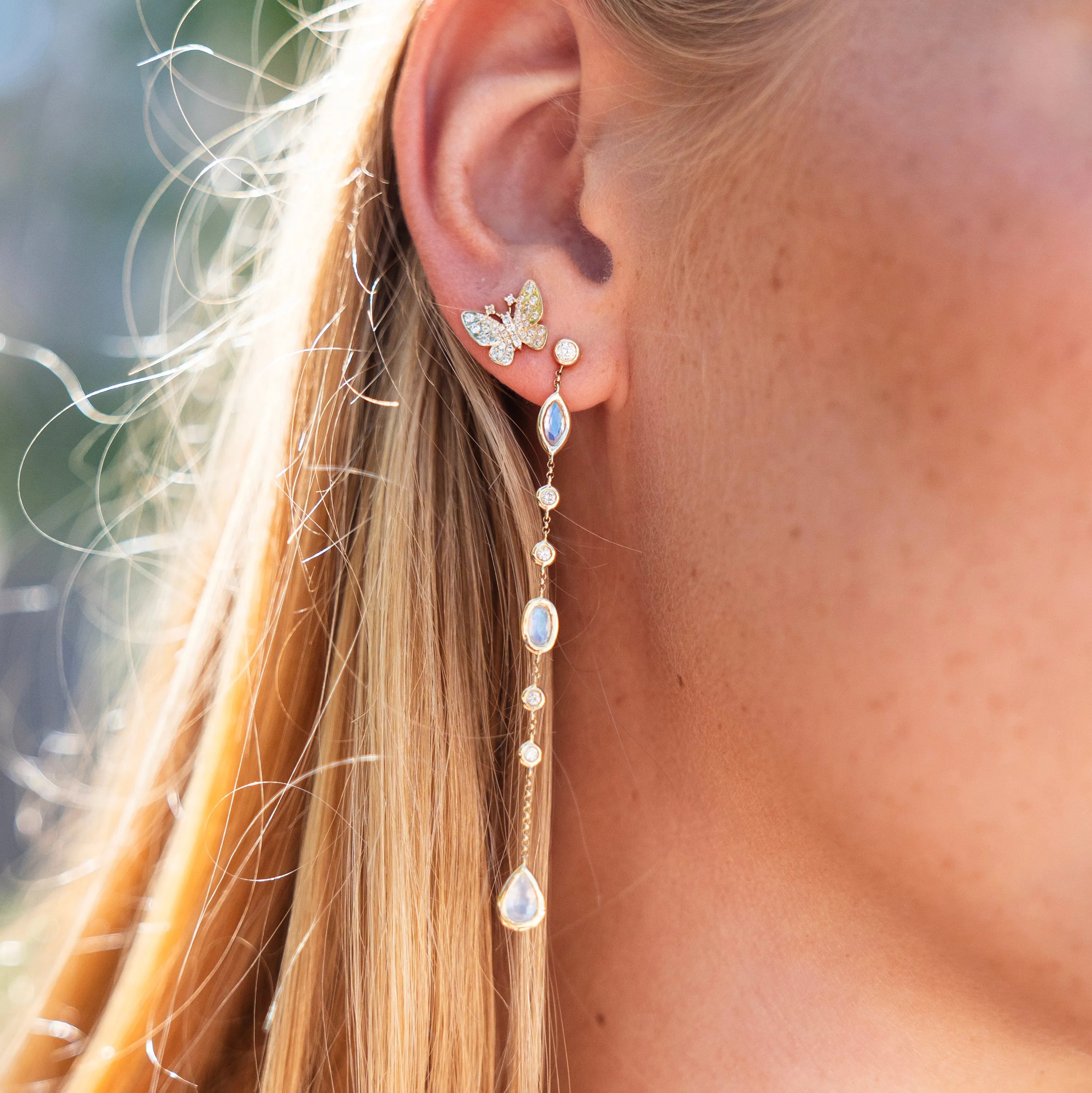 Dramatic Linear Moonstone and Diamond Earrings in 14k Yellow Gold