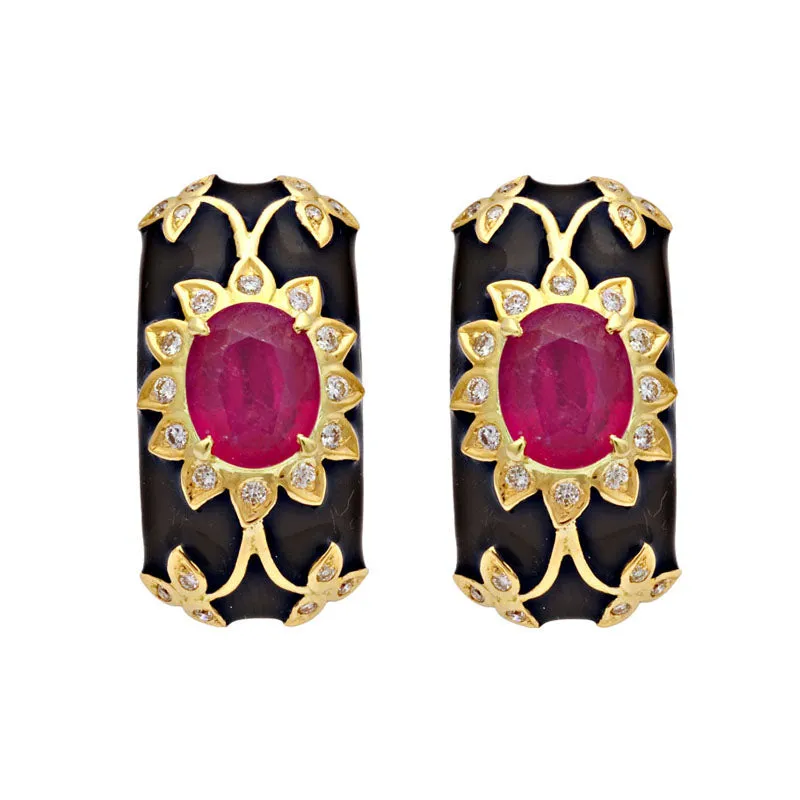 Earrings-Glass Filled Ruby and Diamond (Enamel)