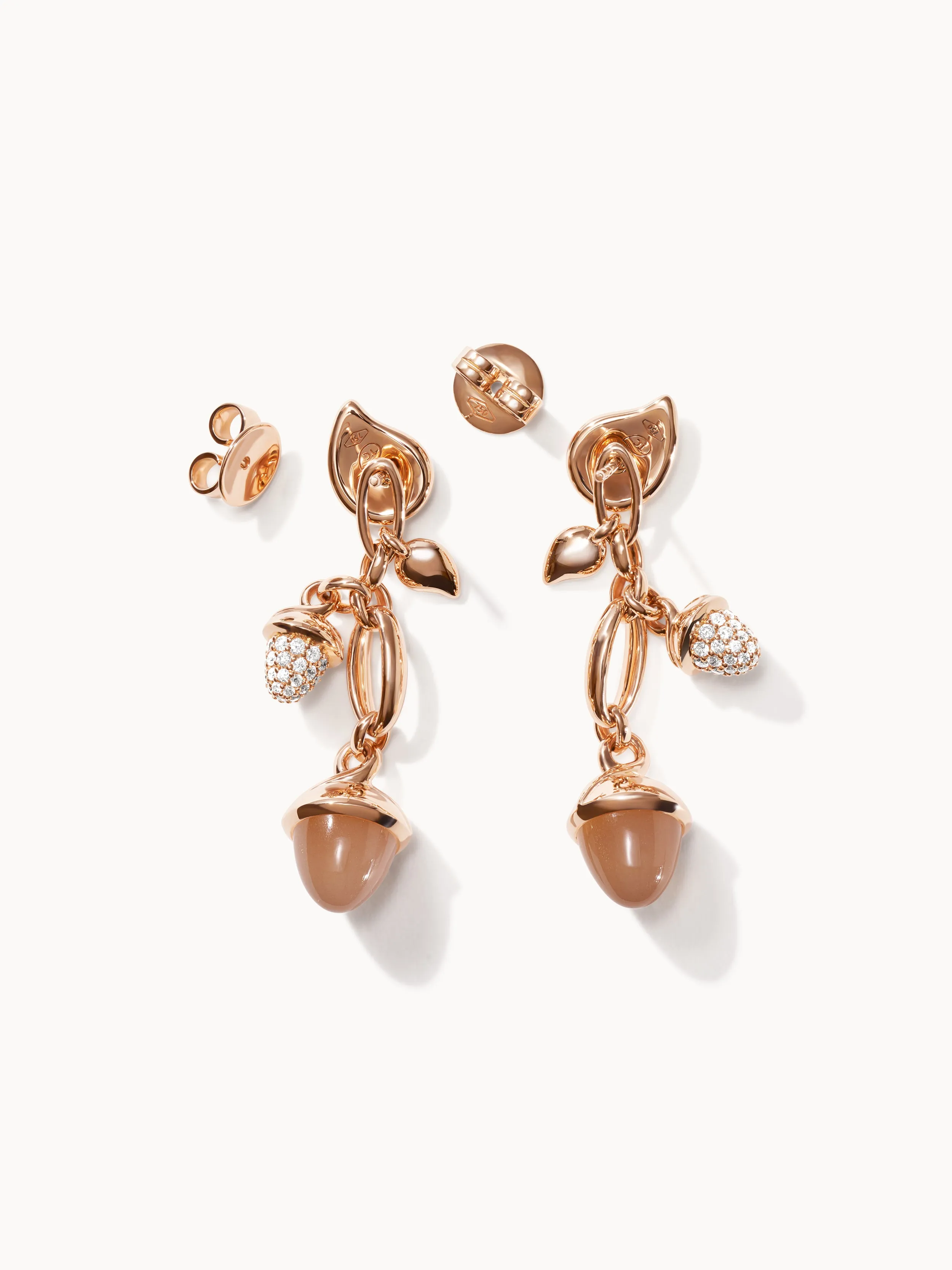 Earrings MIKADO Dangling 2 Acorns - 'Camel' with Diamond Pavé with Diamond Pavé