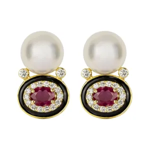 Earrings - South Sea Pearl, Ruby And Diamond (Enamel)