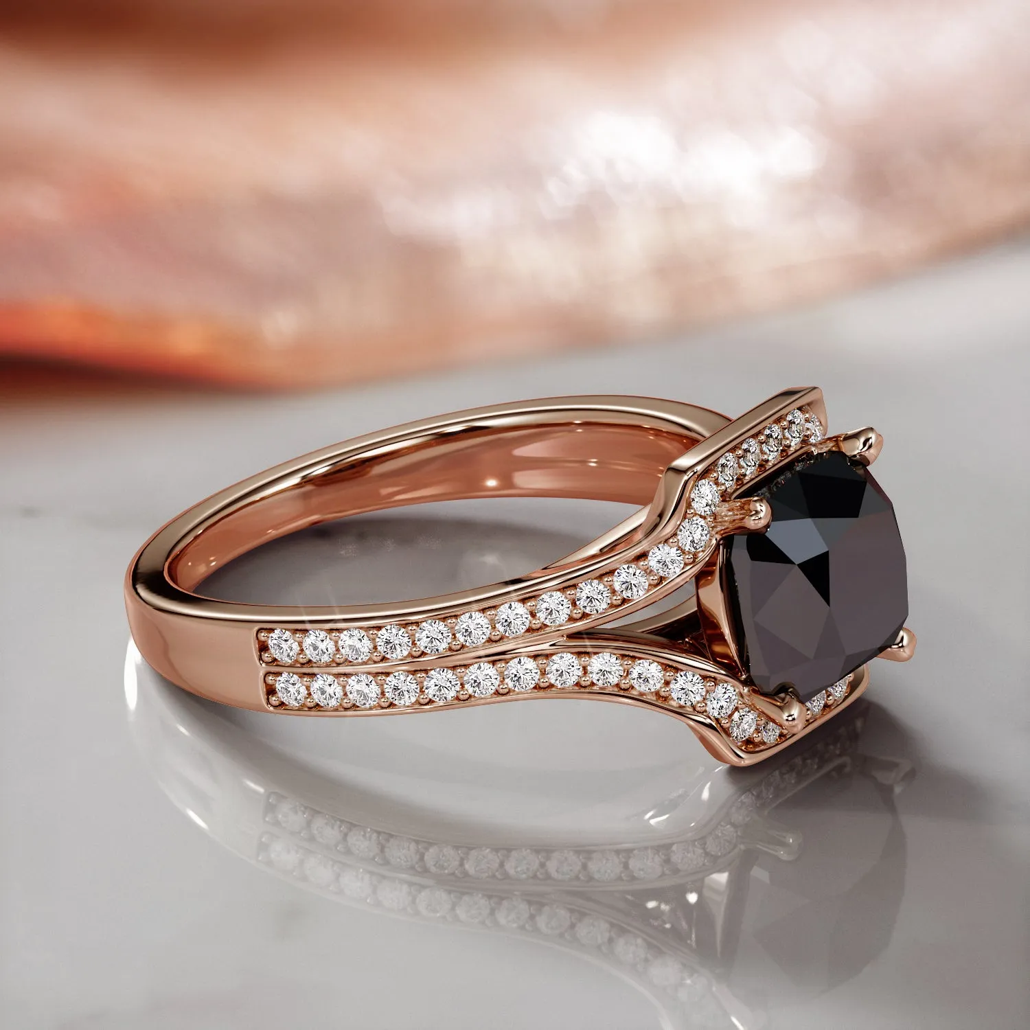 Ecliptica - Art-Deco  Natural Black Diamond Cushion Engagement Ring