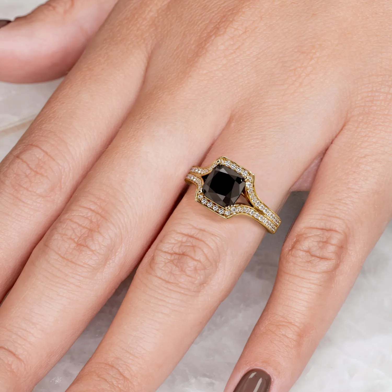 Ecliptica - Art-Deco  Natural Black Diamond Cushion Engagement Ring