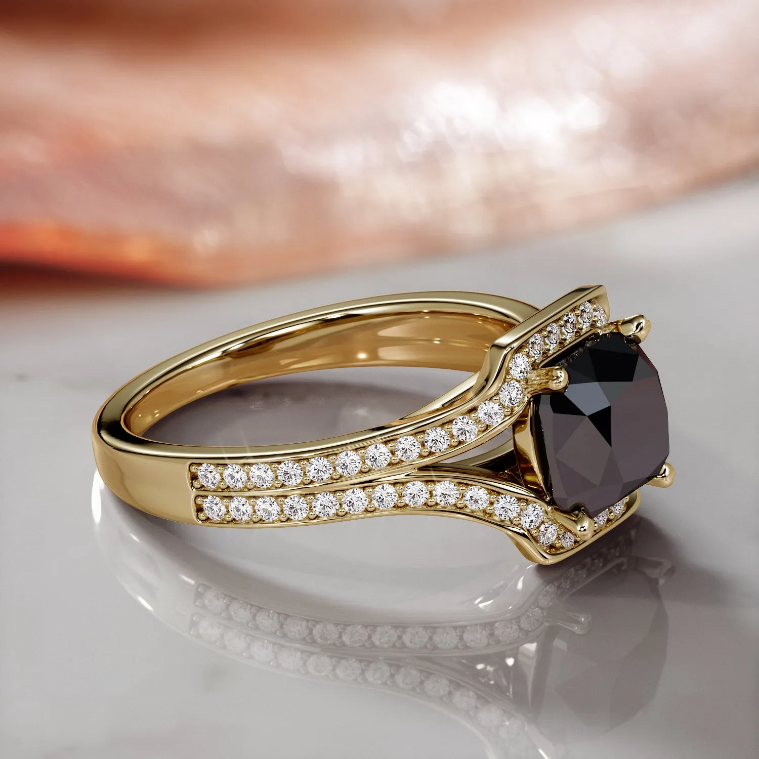 Ecliptica - Art-Deco  Natural Black Diamond Cushion Engagement Ring