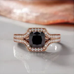 Ecliptica - Art-Deco  Natural Black Diamond Cushion Engagement Ring
