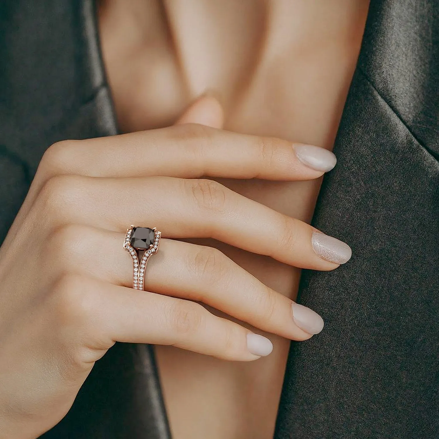 Ecliptica - Art-Deco  Natural Black Diamond Cushion Engagement Ring