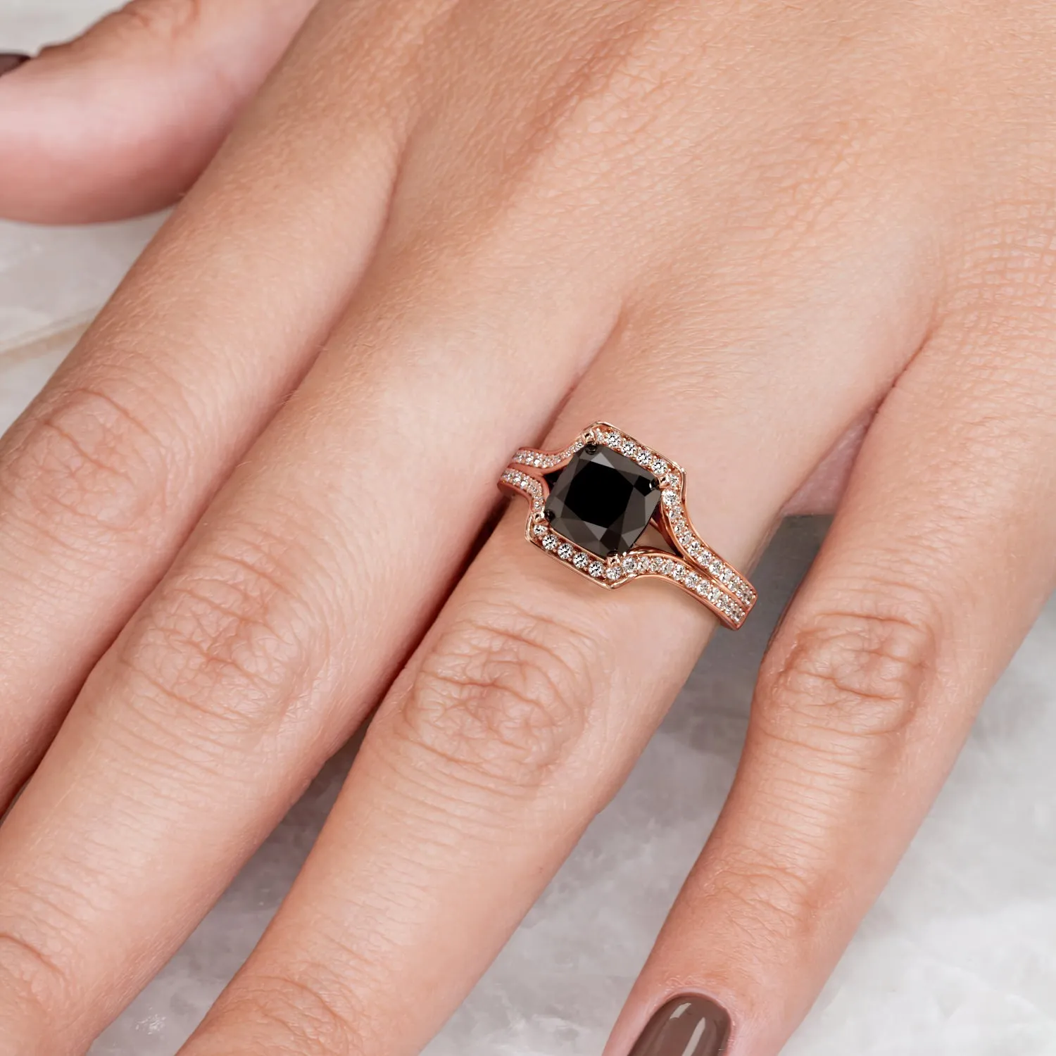 Ecliptica - Art-Deco  Natural Black Diamond Cushion Engagement Ring