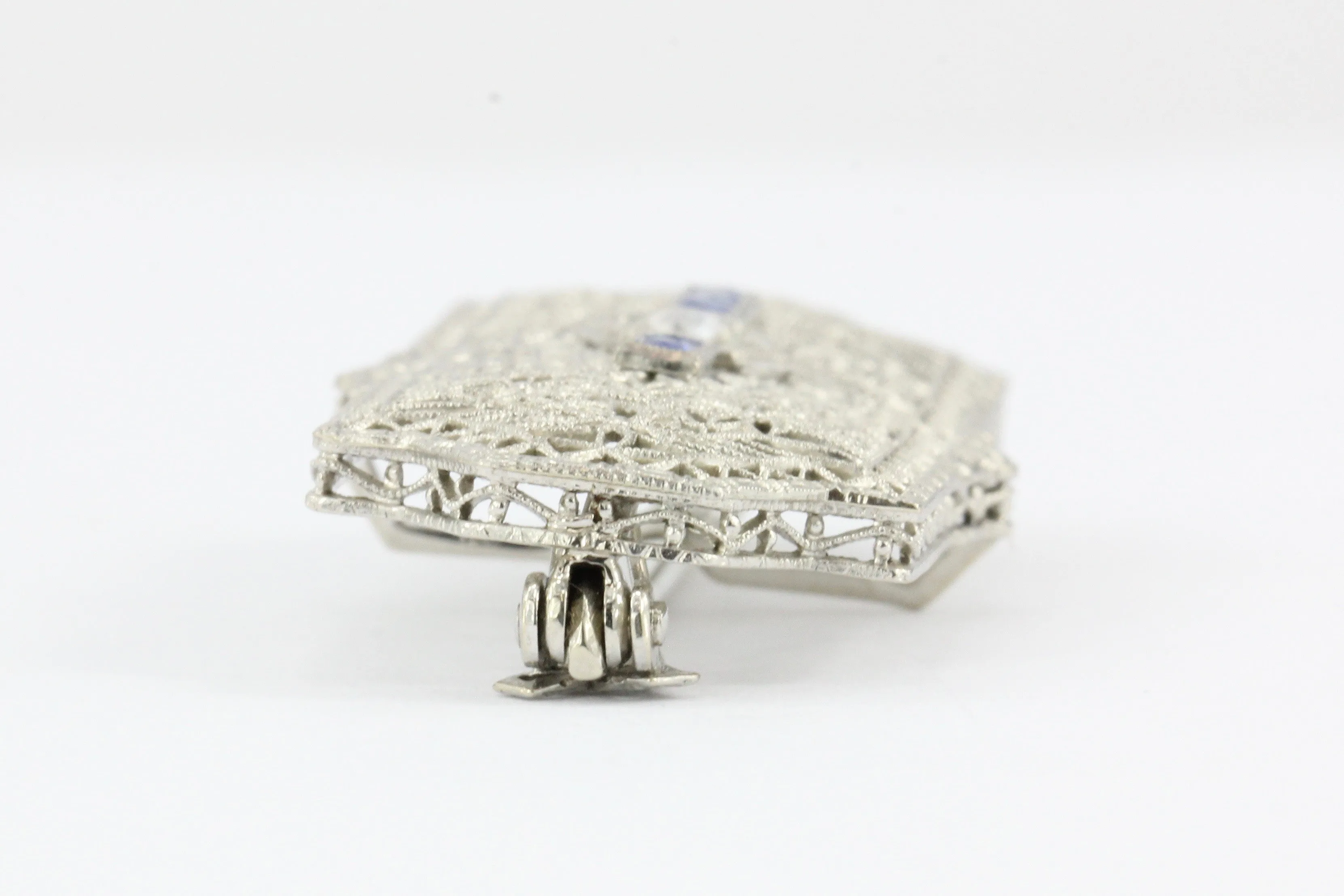 Edwardian 14K White Gold Diamond Sapphire Pendant / Brooch