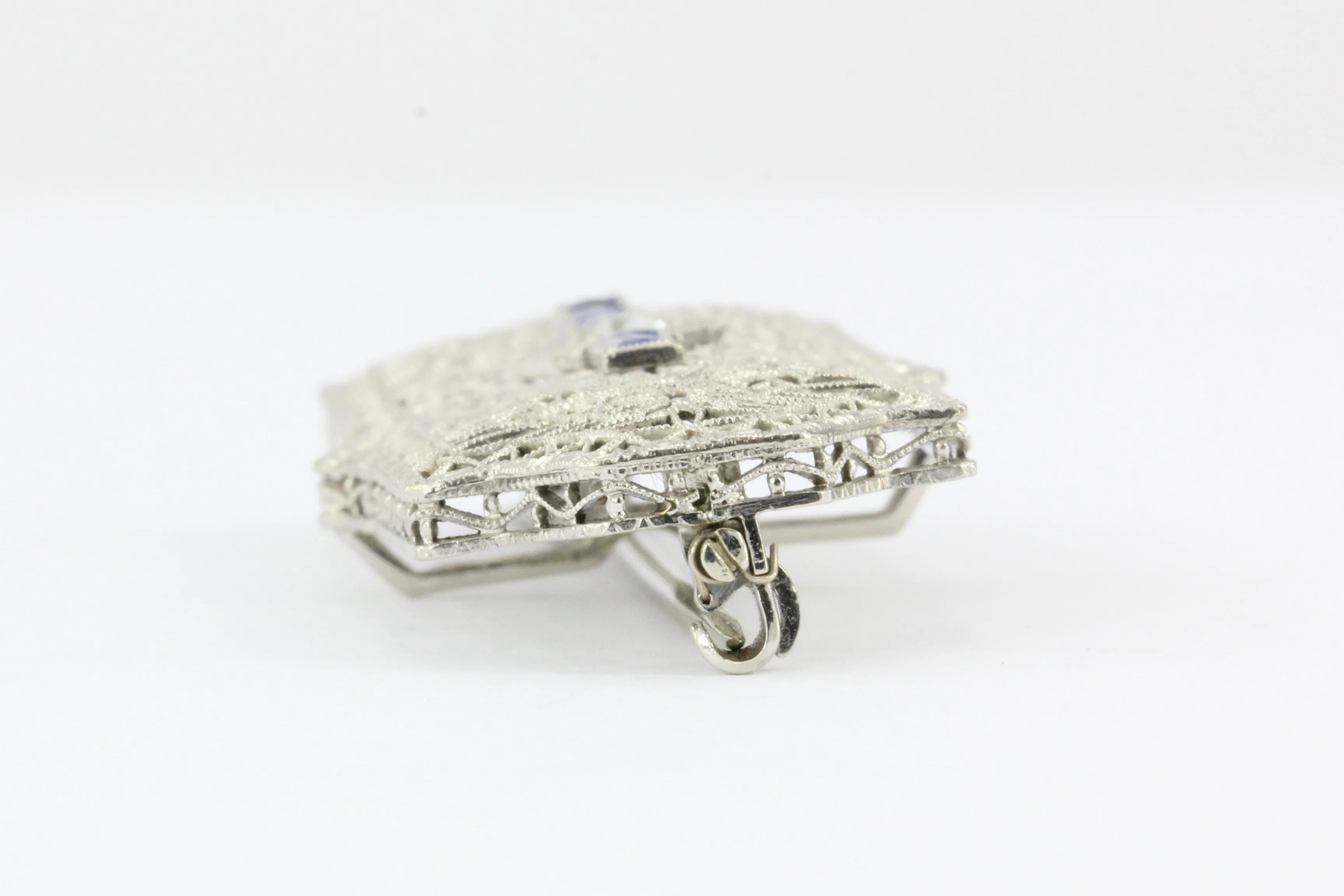 Edwardian 14K White Gold Diamond Sapphire Pendant / Brooch