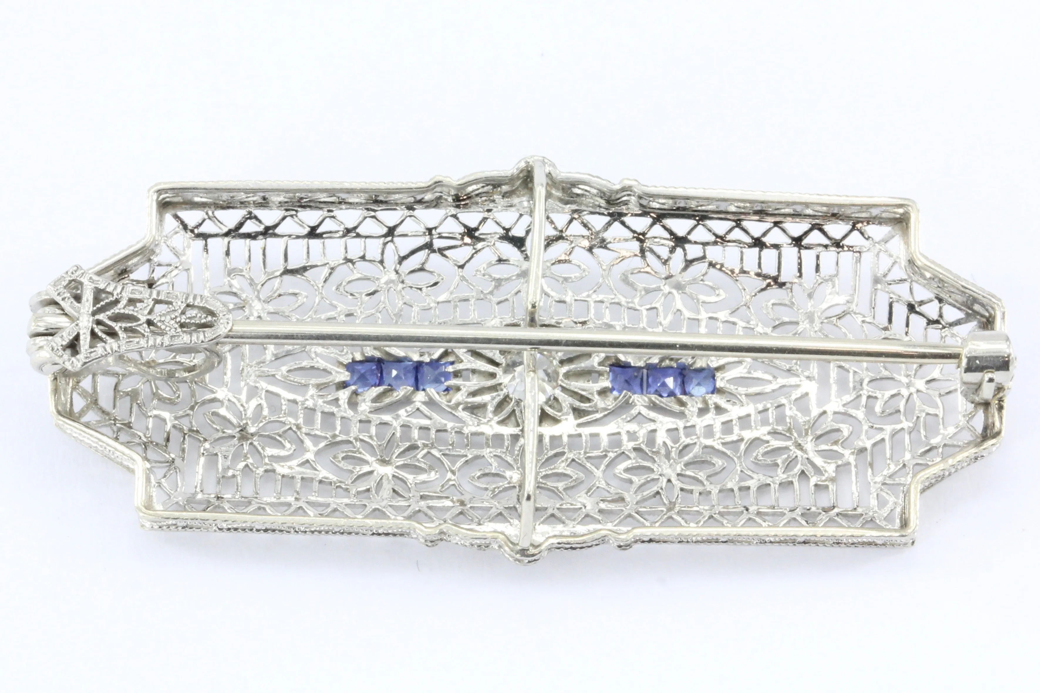 Edwardian 14K White Gold Diamond Sapphire Pendant / Brooch