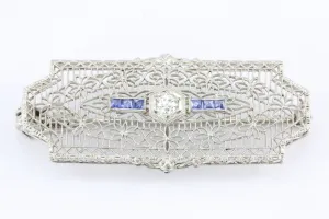 Edwardian 14K White Gold Diamond Sapphire Pendant / Brooch