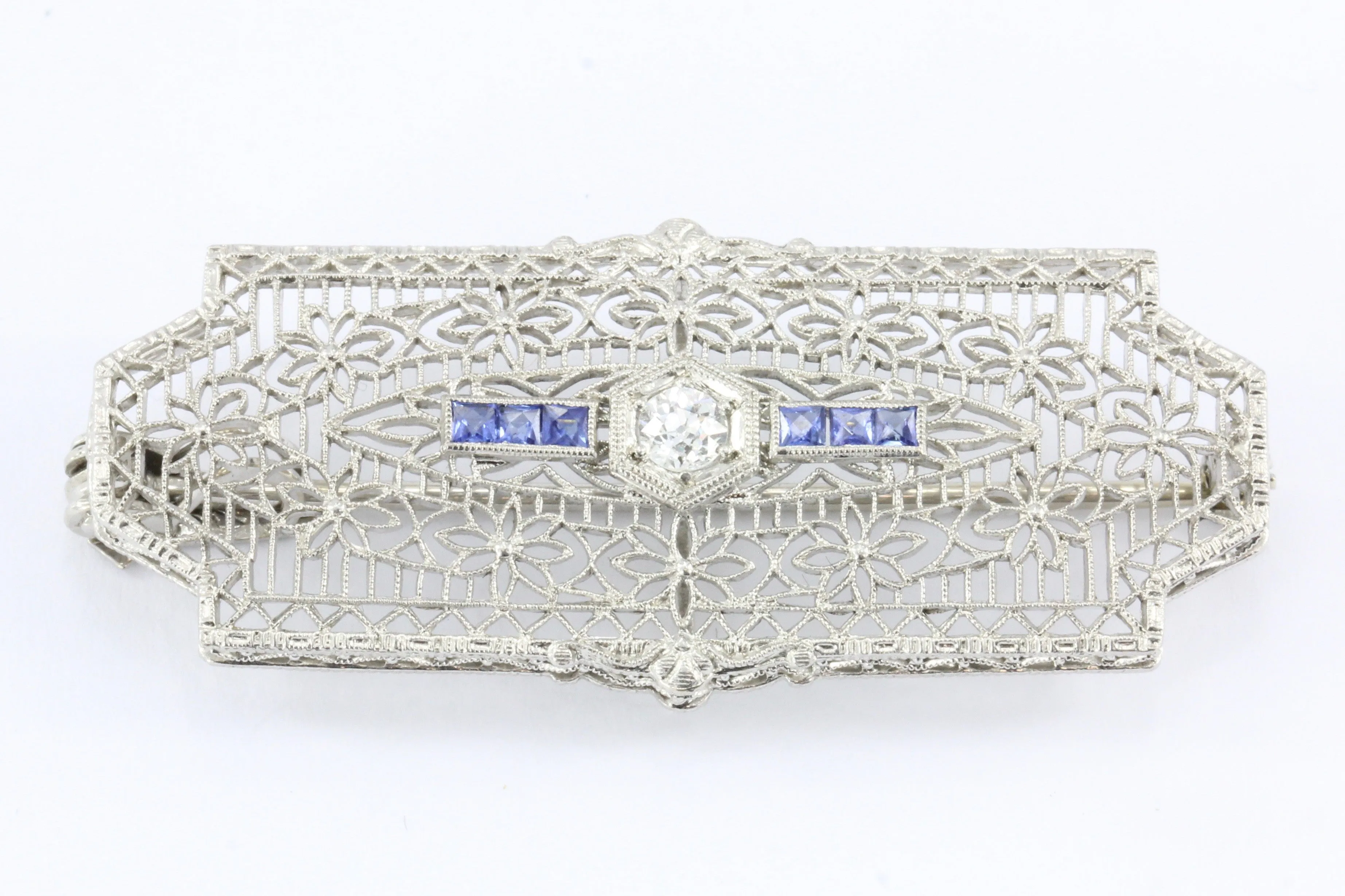 Edwardian 14K White Gold Diamond Sapphire Pendant / Brooch