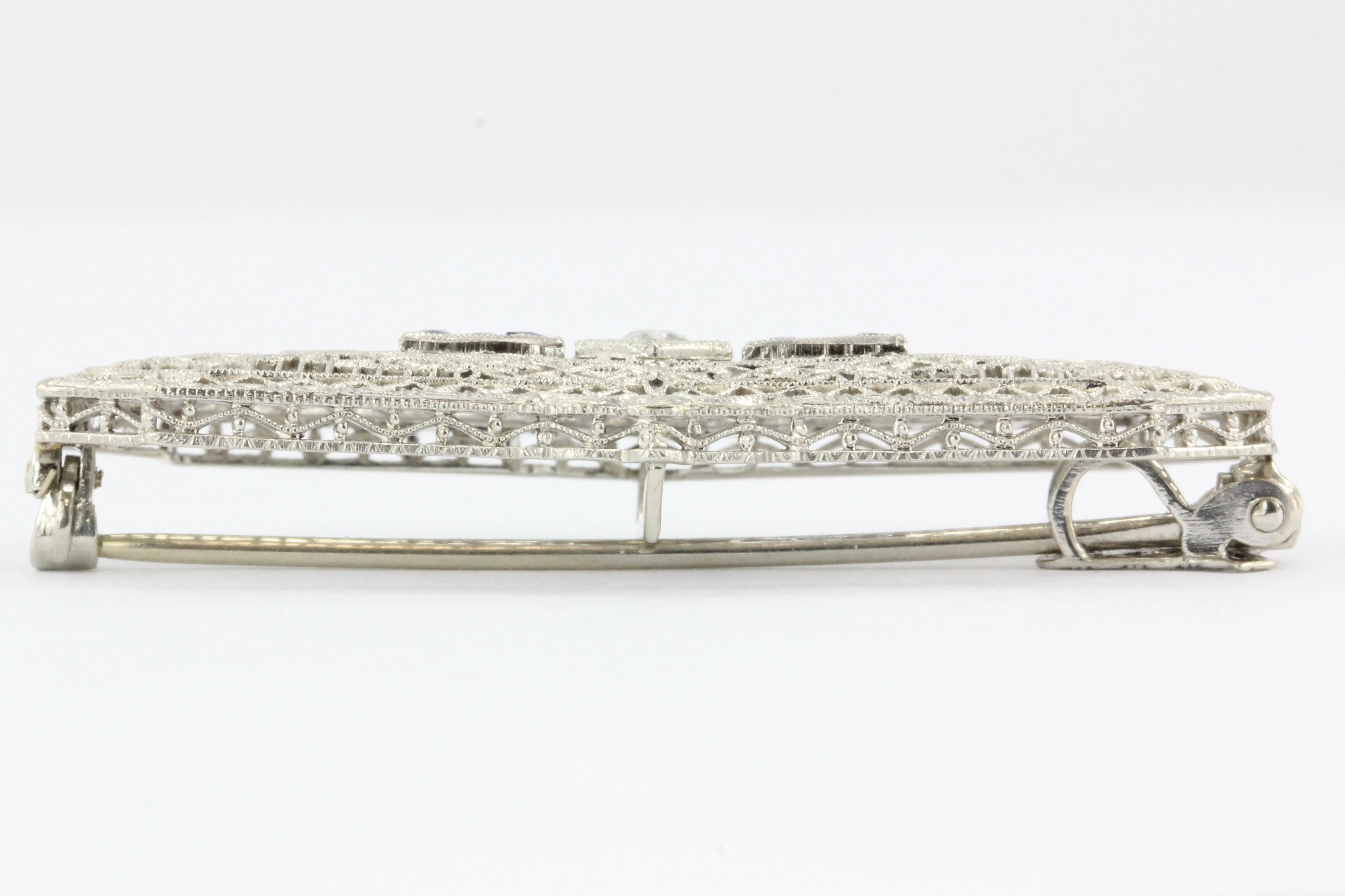 Edwardian 14K White Gold Diamond Sapphire Pendant / Brooch