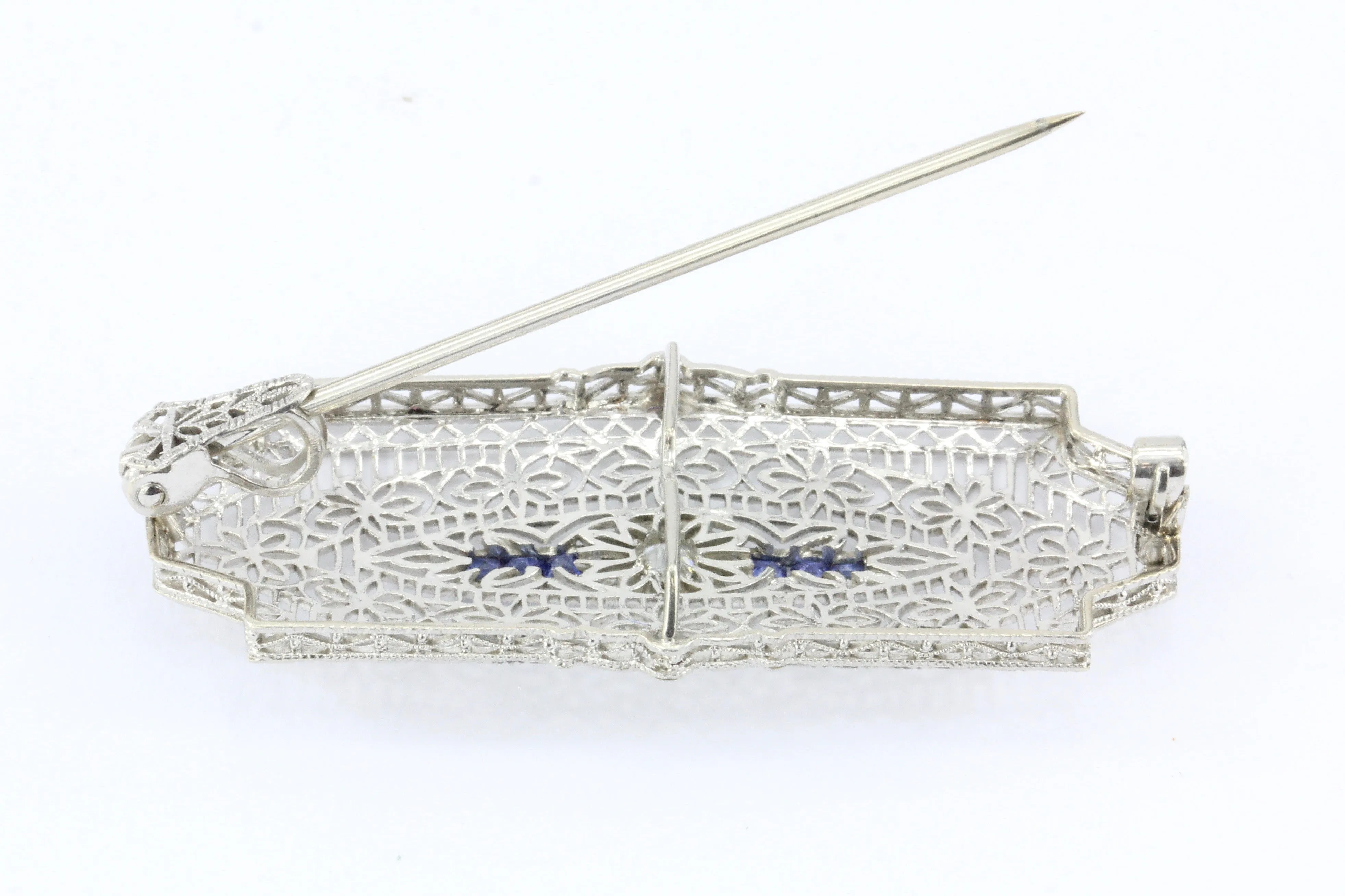 Edwardian 14K White Gold Diamond Sapphire Pendant / Brooch