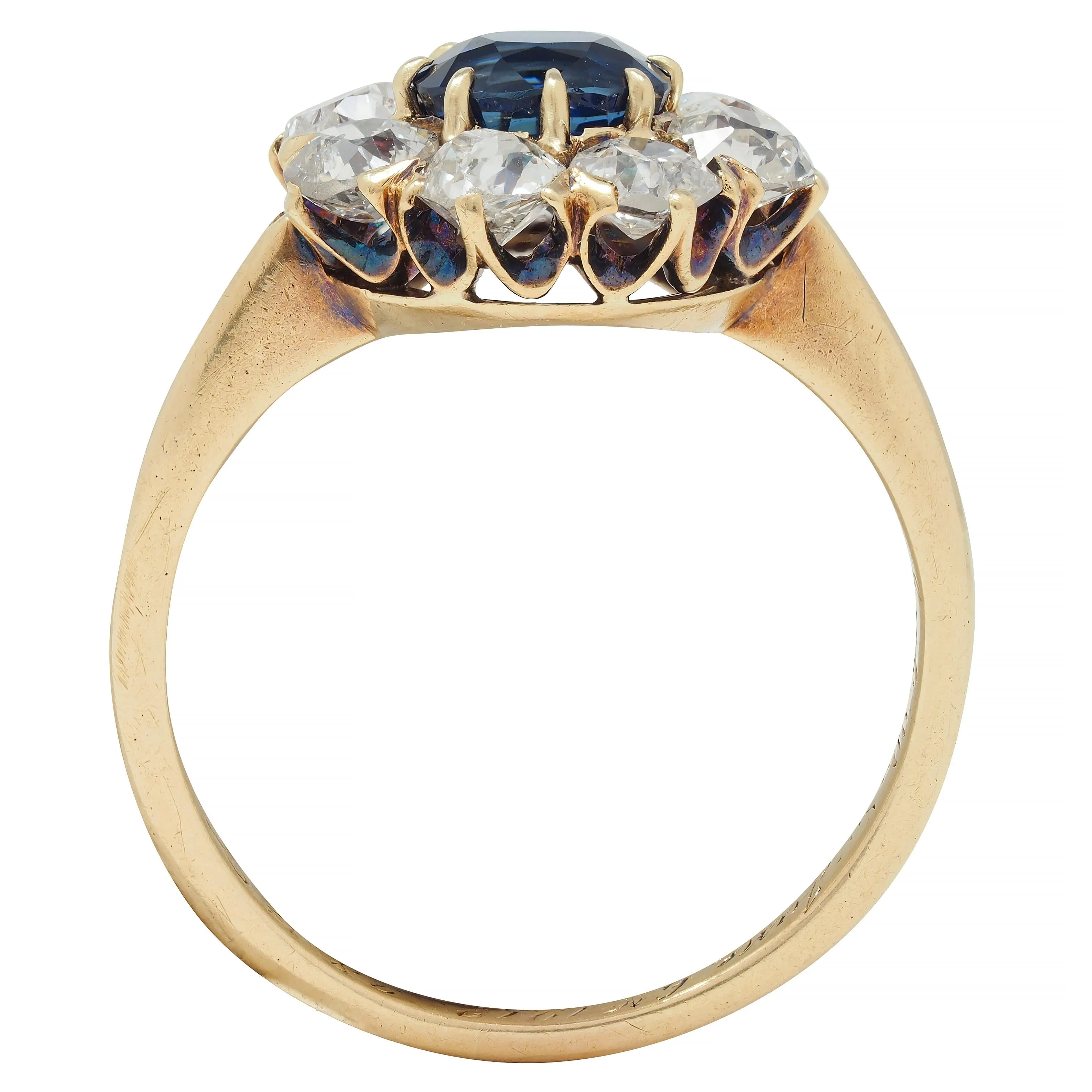 Edwardian 2.85 CTW Sapphire Diamond 14 Karat Yellow Gold Antique Cluster Ring GIA