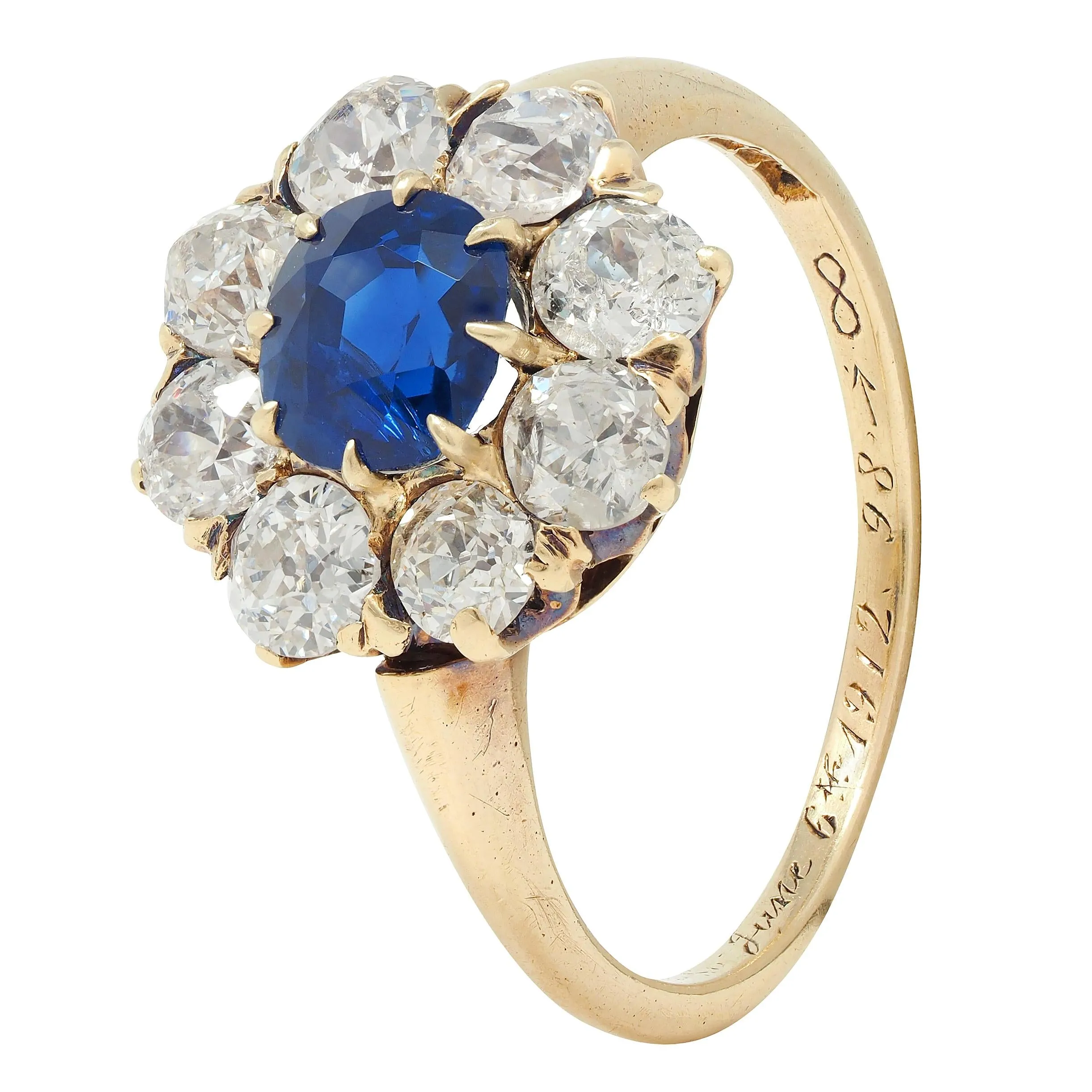 Edwardian 2.85 CTW Sapphire Diamond 14 Karat Yellow Gold Antique Cluster Ring GIA
