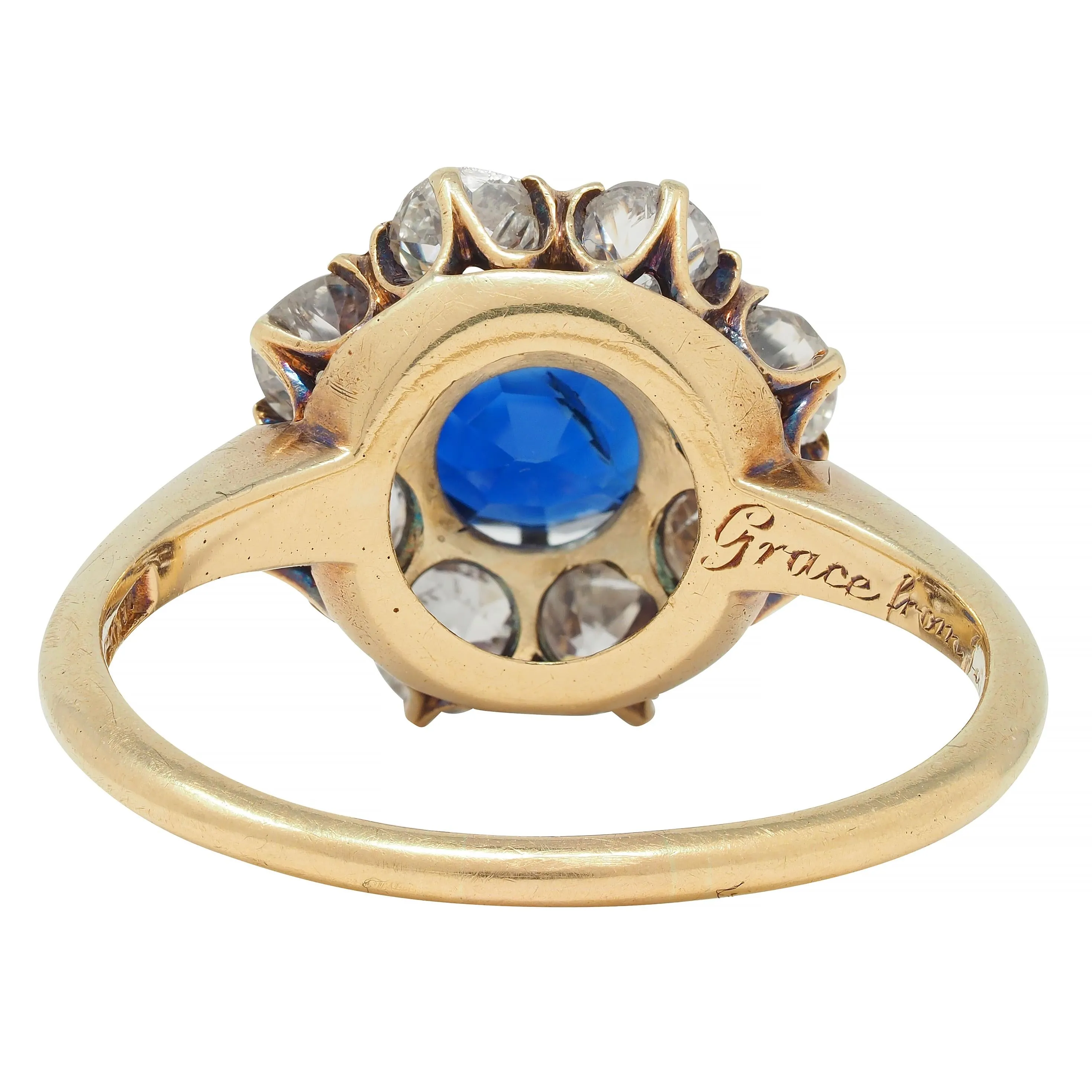 Edwardian 2.85 CTW Sapphire Diamond 14 Karat Yellow Gold Antique Cluster Ring GIA