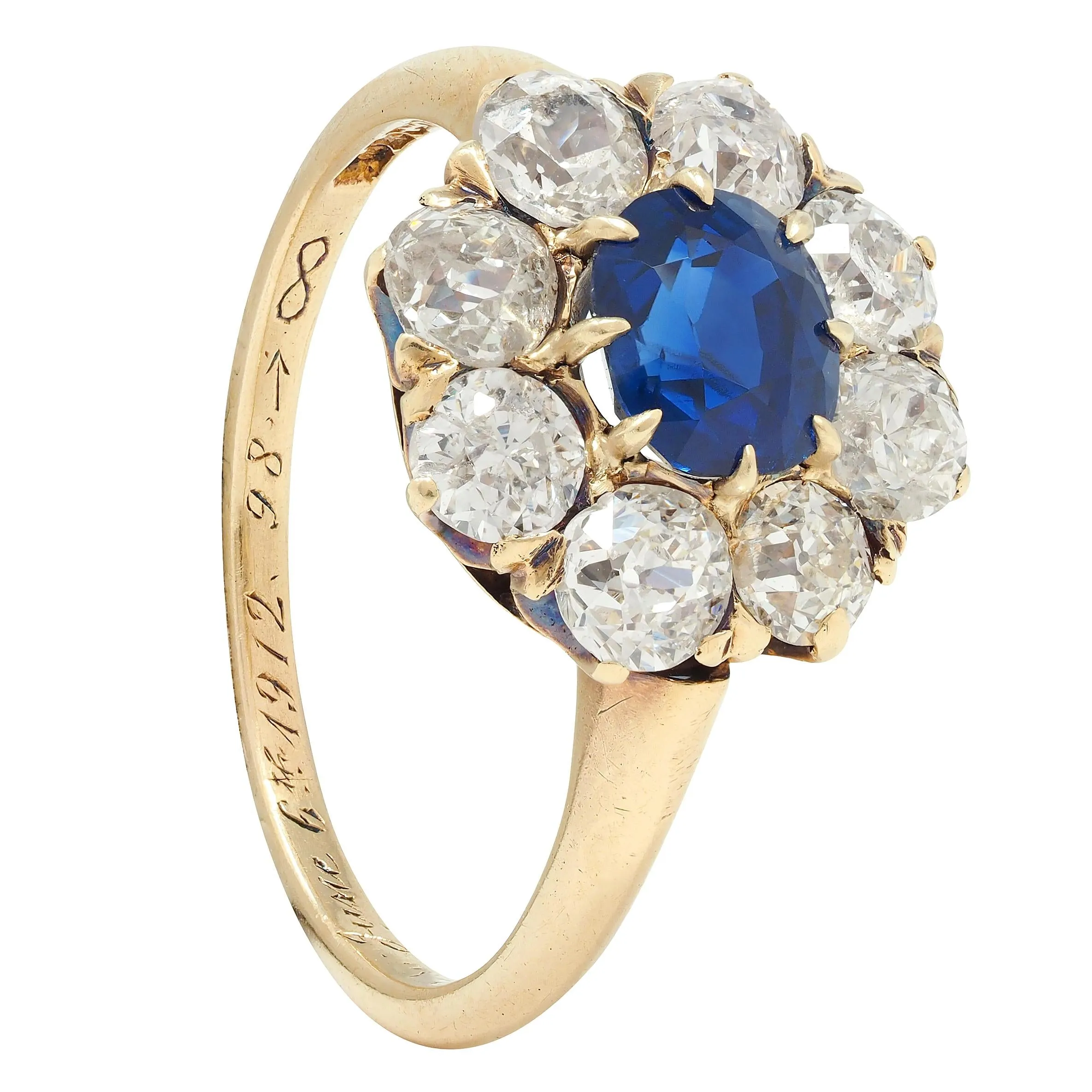 Edwardian 2.85 CTW Sapphire Diamond 14 Karat Yellow Gold Antique Cluster Ring GIA
