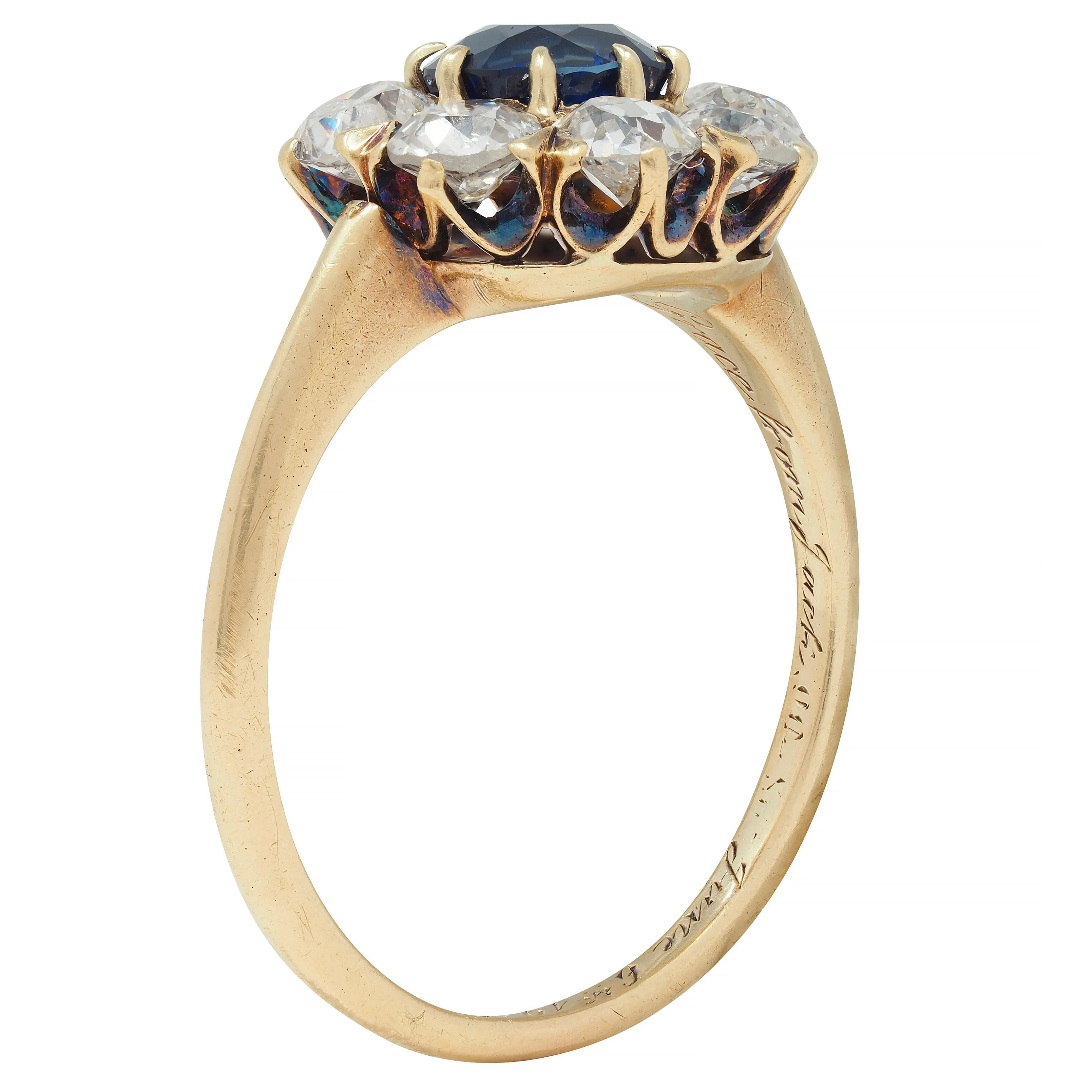 Edwardian 2.85 CTW Sapphire Diamond 14 Karat Yellow Gold Antique Cluster Ring GIA