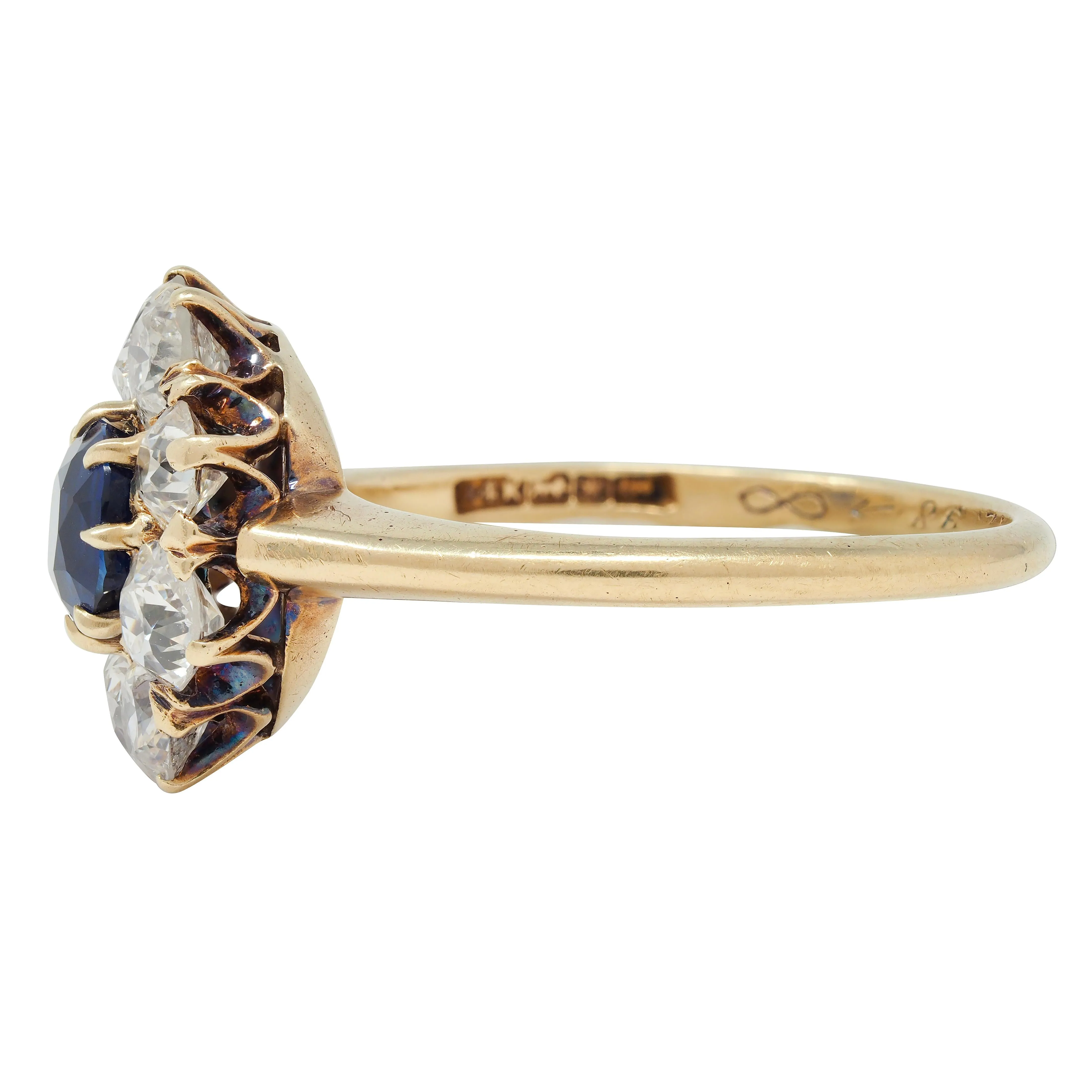 Edwardian 2.85 CTW Sapphire Diamond 14 Karat Yellow Gold Antique Cluster Ring GIA