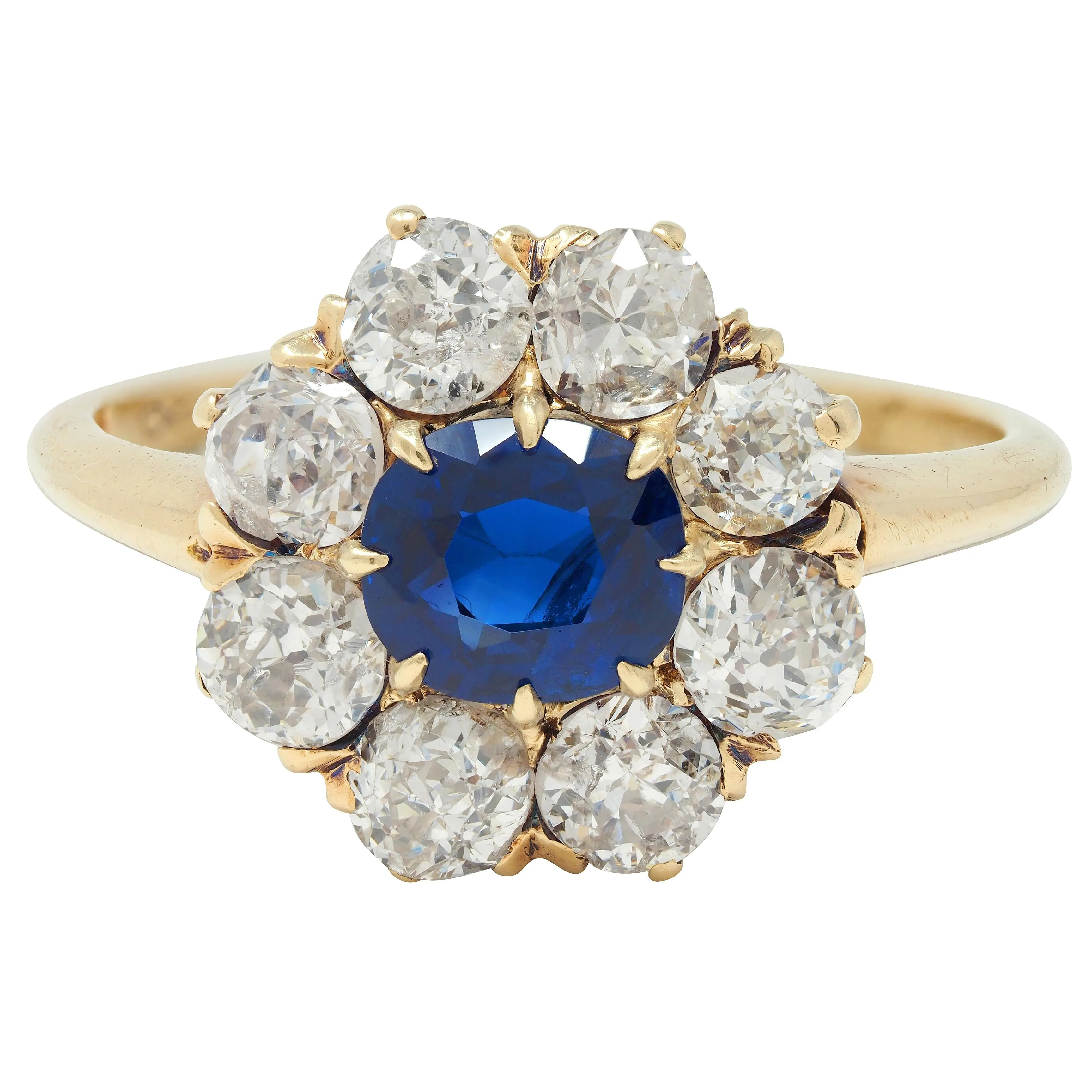Edwardian 2.85 CTW Sapphire Diamond 14 Karat Yellow Gold Antique Cluster Ring GIA