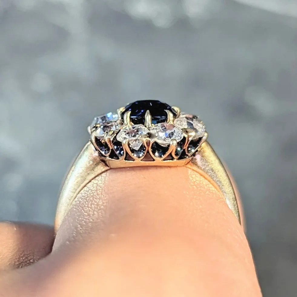 Edwardian 2.85 CTW Sapphire Diamond 14 Karat Yellow Gold Antique Cluster Ring GIA