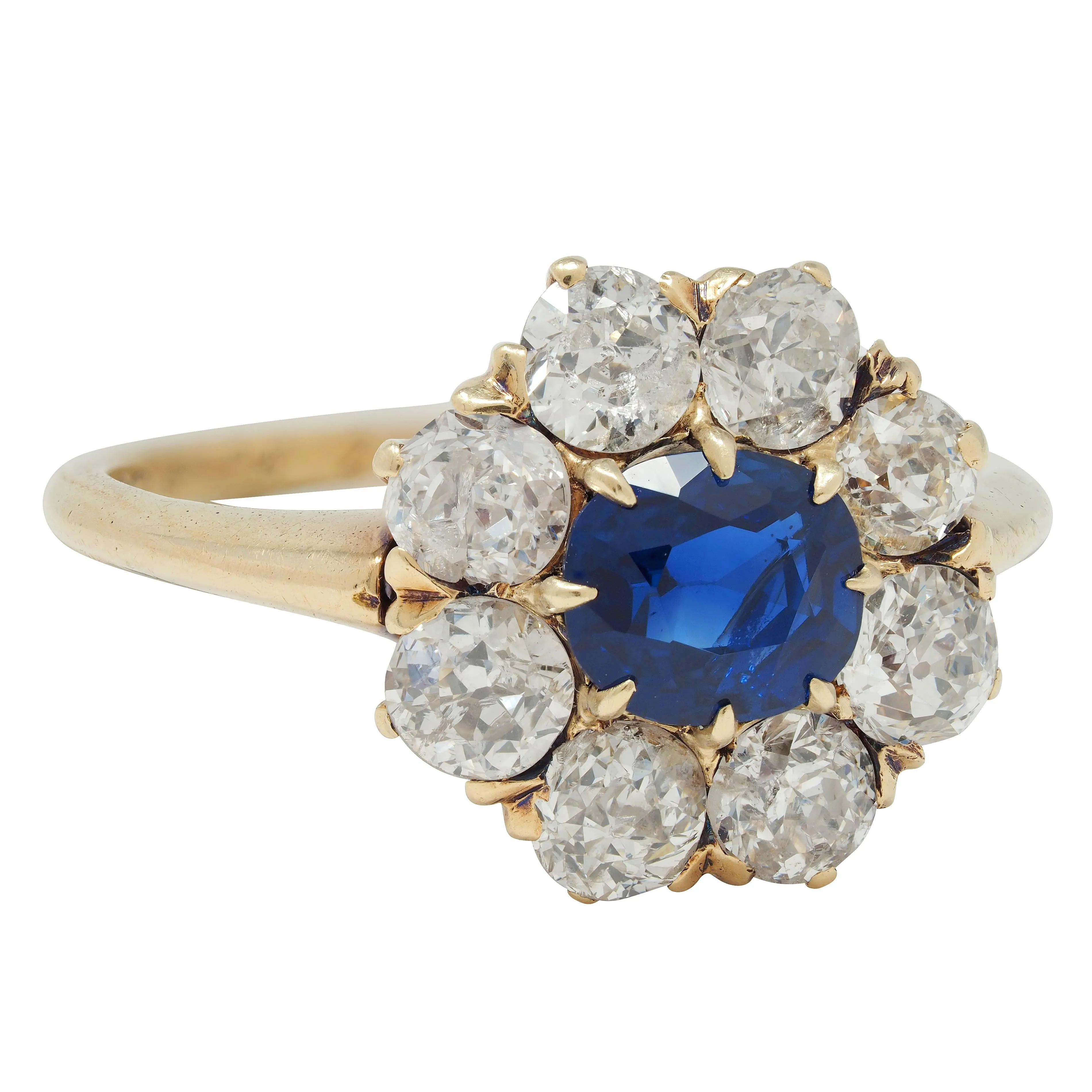 Edwardian 2.85 CTW Sapphire Diamond 14 Karat Yellow Gold Antique Cluster Ring GIA
