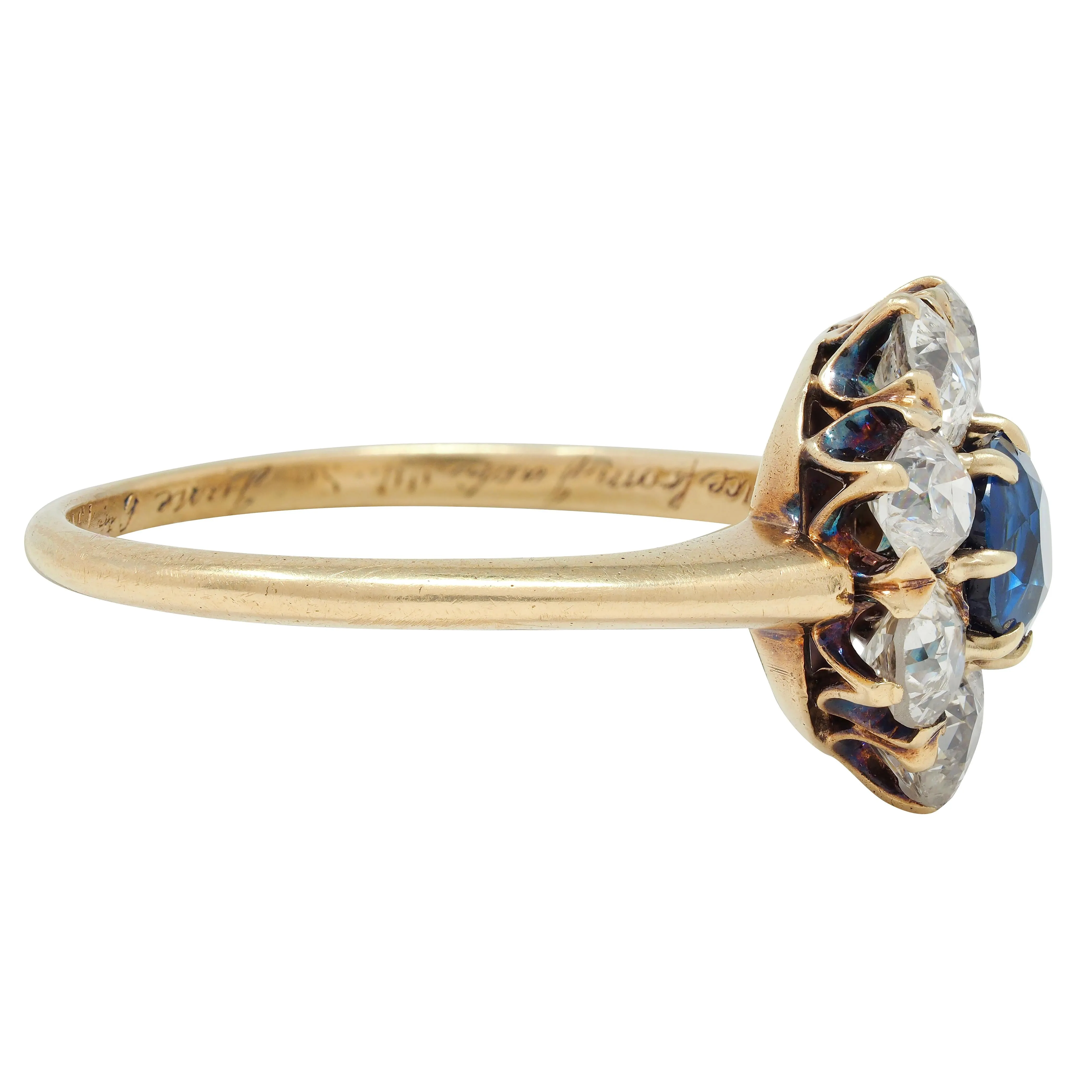 Edwardian 2.85 CTW Sapphire Diamond 14 Karat Yellow Gold Antique Cluster Ring GIA