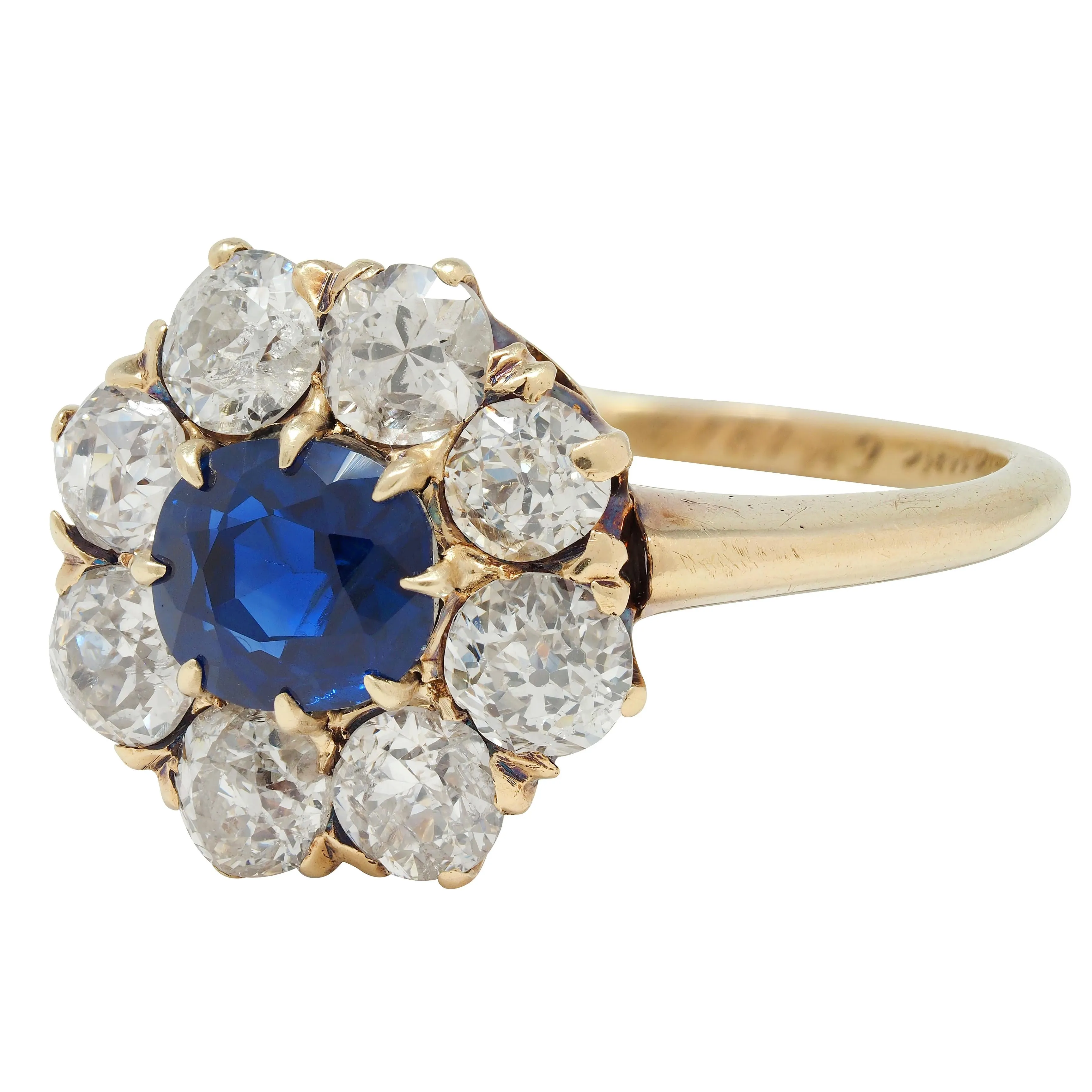 Edwardian 2.85 CTW Sapphire Diamond 14 Karat Yellow Gold Antique Cluster Ring GIA