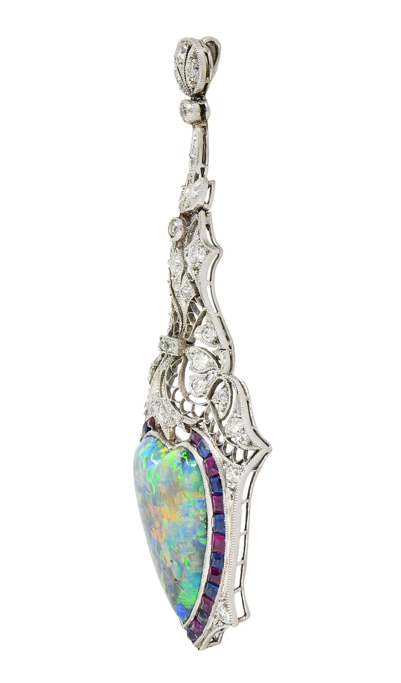 Edwardian 9.64 CTW Diamond Sapphire Ruby Heart Shaped Black Opal Foliate Antique Pendant