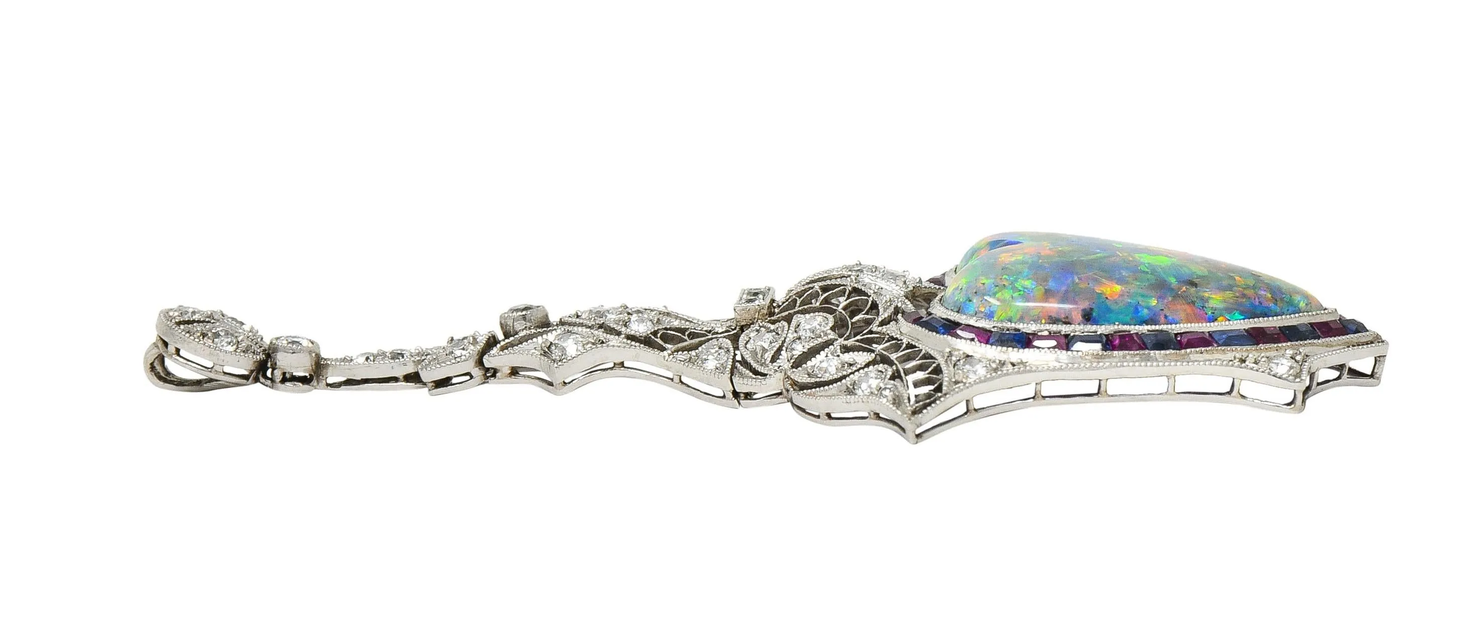 Edwardian 9.64 CTW Diamond Sapphire Ruby Heart Shaped Black Opal Foliate Antique Pendant