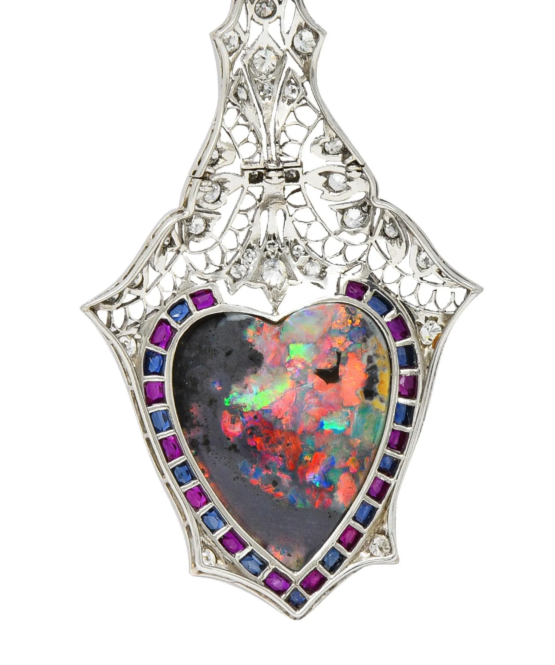 Edwardian 9.64 CTW Diamond Sapphire Ruby Heart Shaped Black Opal Foliate Antique Pendant