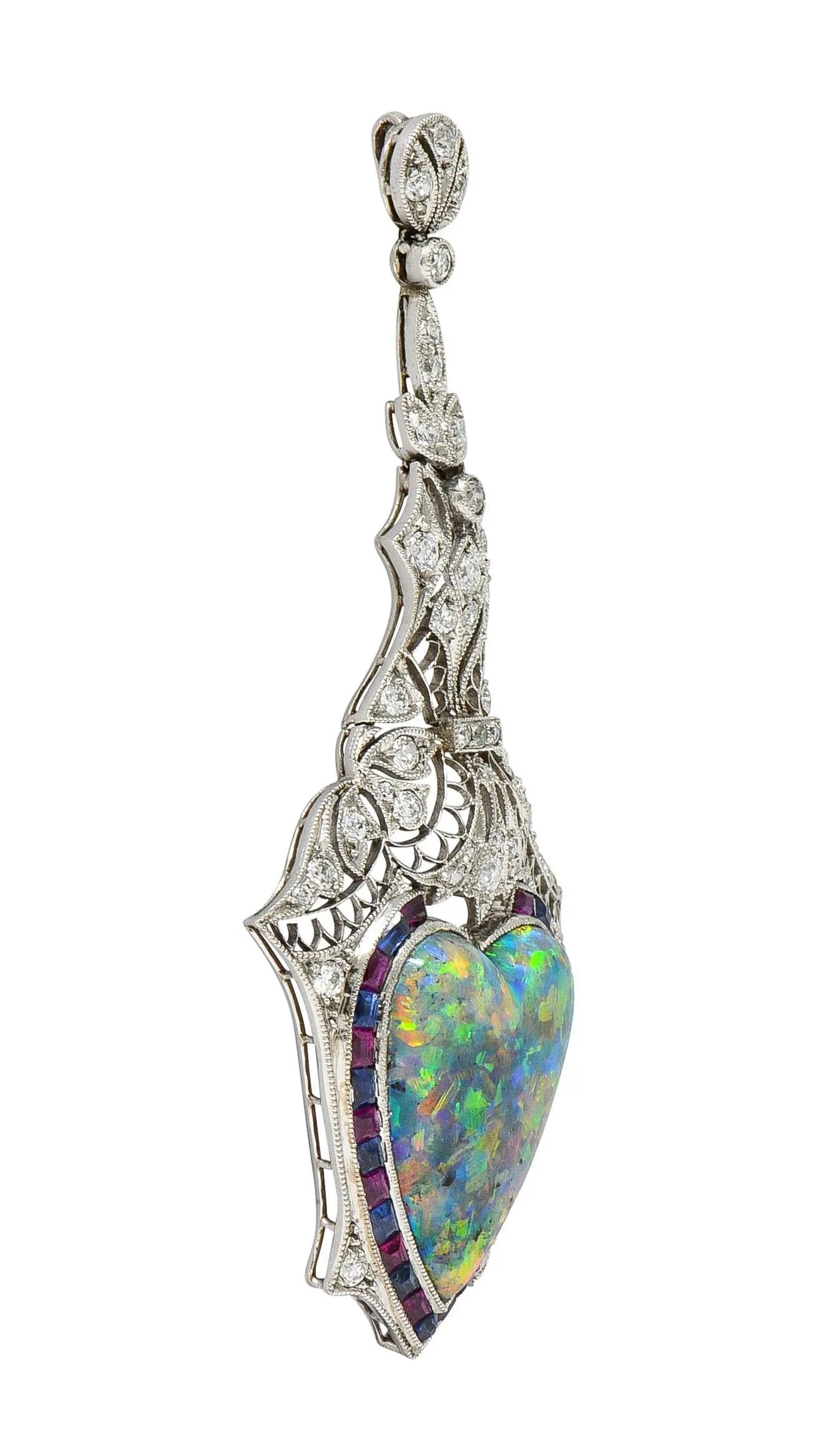 Edwardian 9.64 CTW Diamond Sapphire Ruby Heart Shaped Black Opal Foliate Antique Pendant