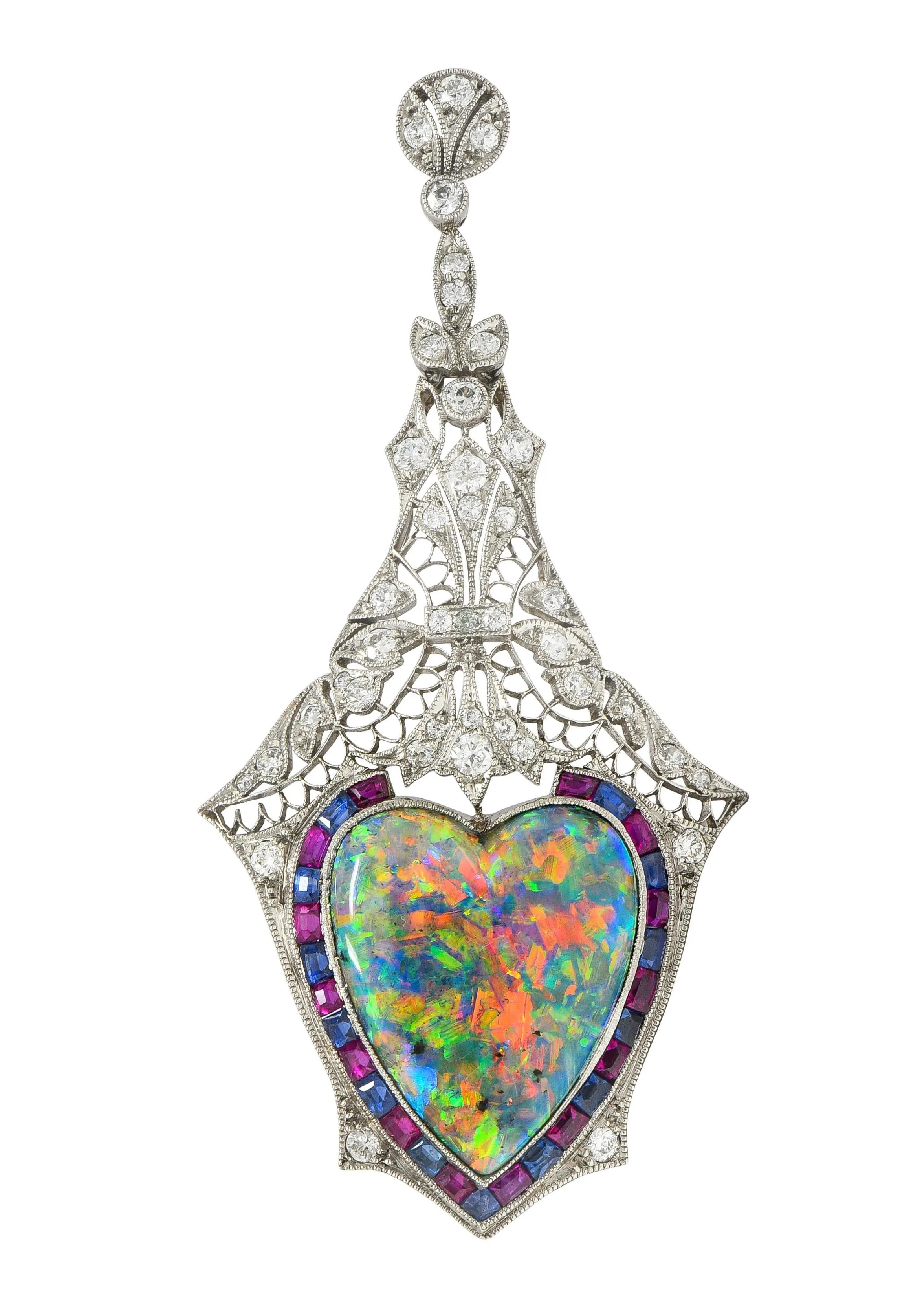 Edwardian 9.64 CTW Diamond Sapphire Ruby Heart Shaped Black Opal Foliate Antique Pendant