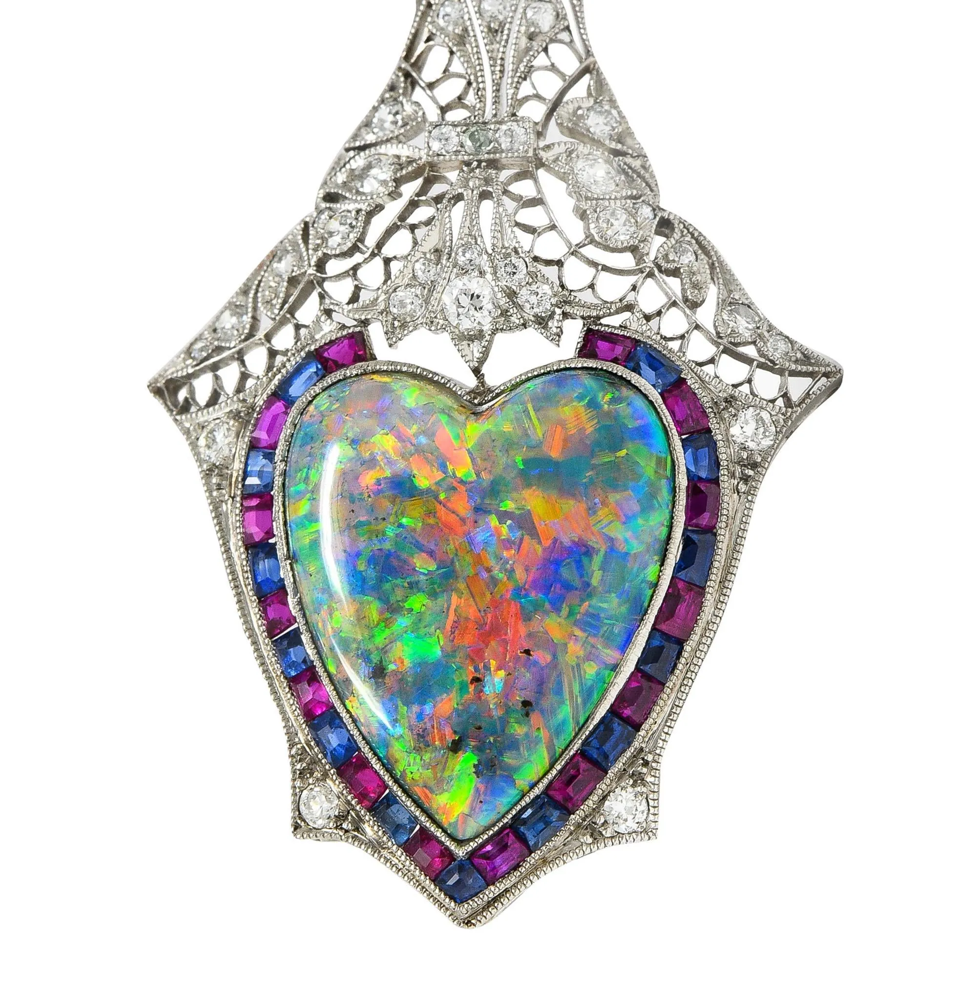 Edwardian 9.64 CTW Diamond Sapphire Ruby Heart Shaped Black Opal Foliate Antique Pendant