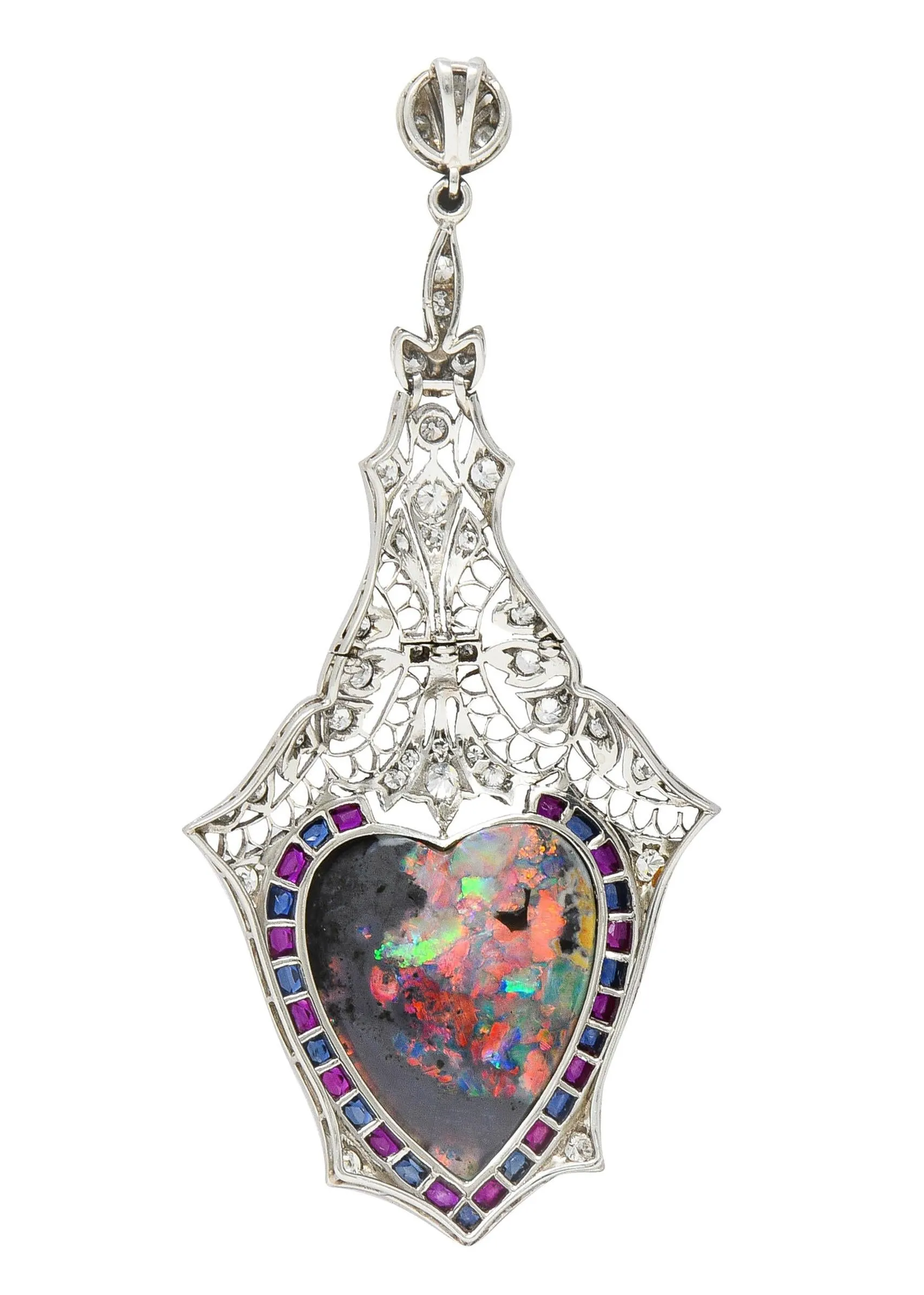 Edwardian 9.64 CTW Diamond Sapphire Ruby Heart Shaped Black Opal Foliate Antique Pendant