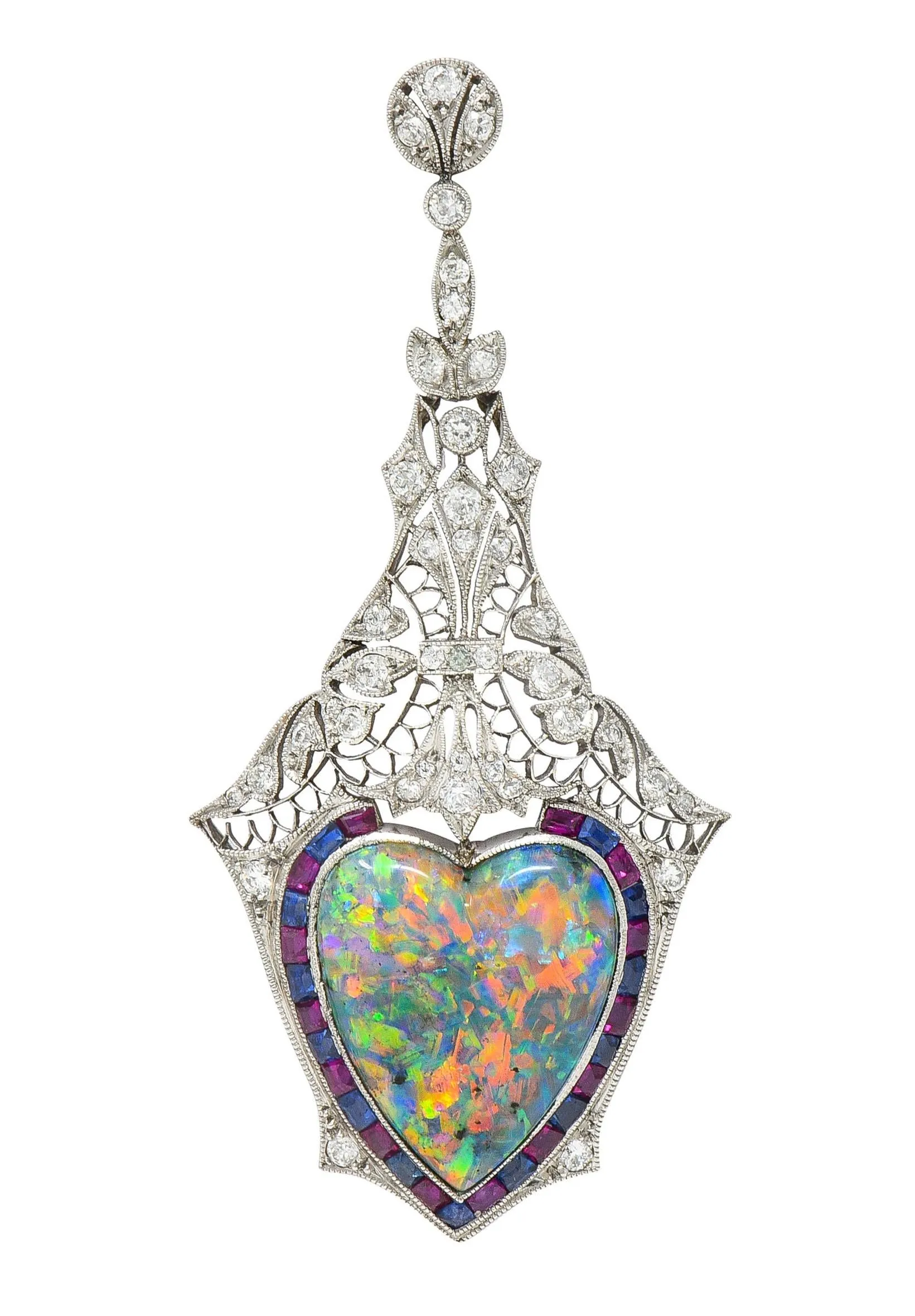 Edwardian 9.64 CTW Diamond Sapphire Ruby Heart Shaped Black Opal Foliate Antique Pendant