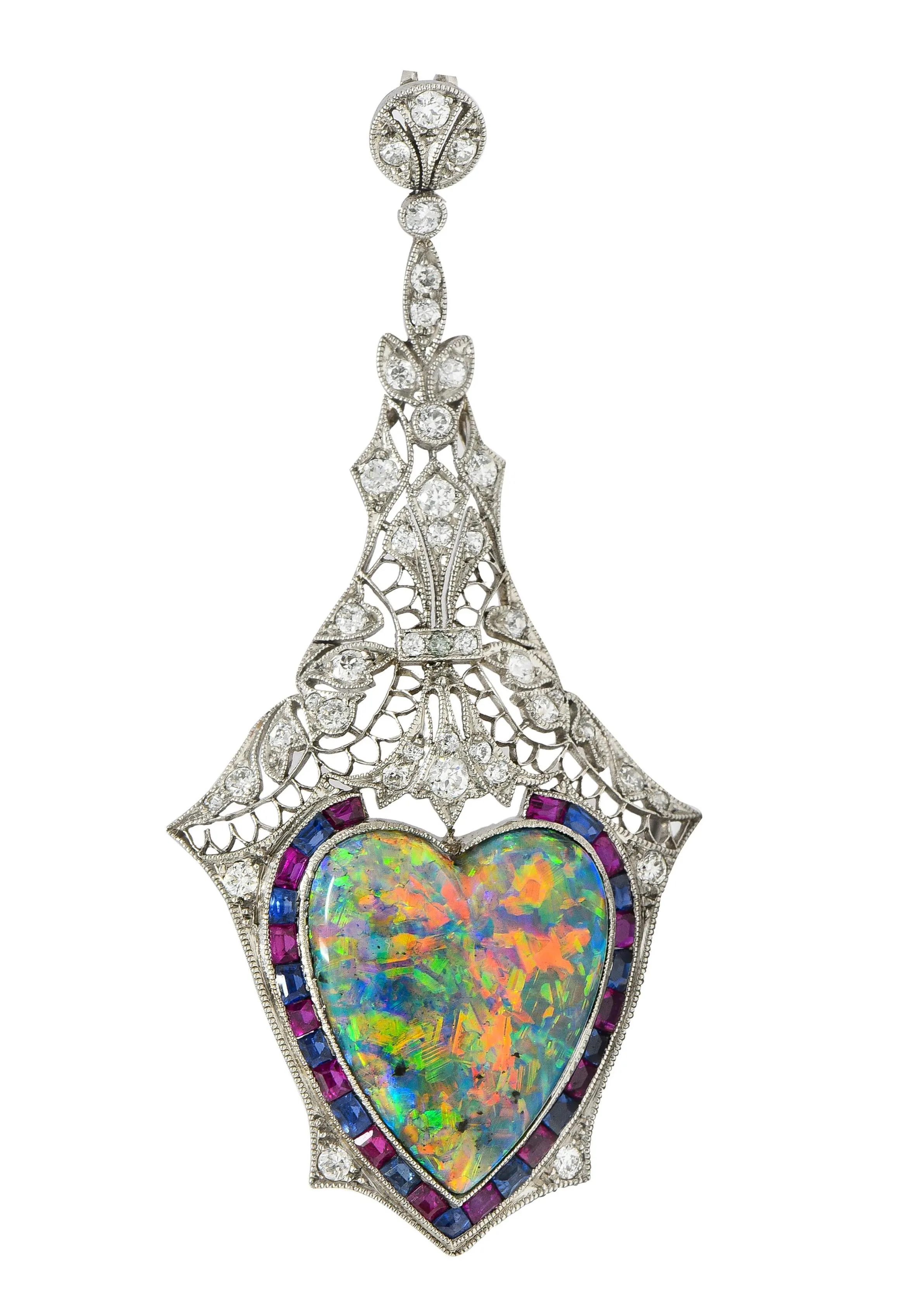 Edwardian 9.64 CTW Diamond Sapphire Ruby Heart Shaped Black Opal Foliate Antique Pendant