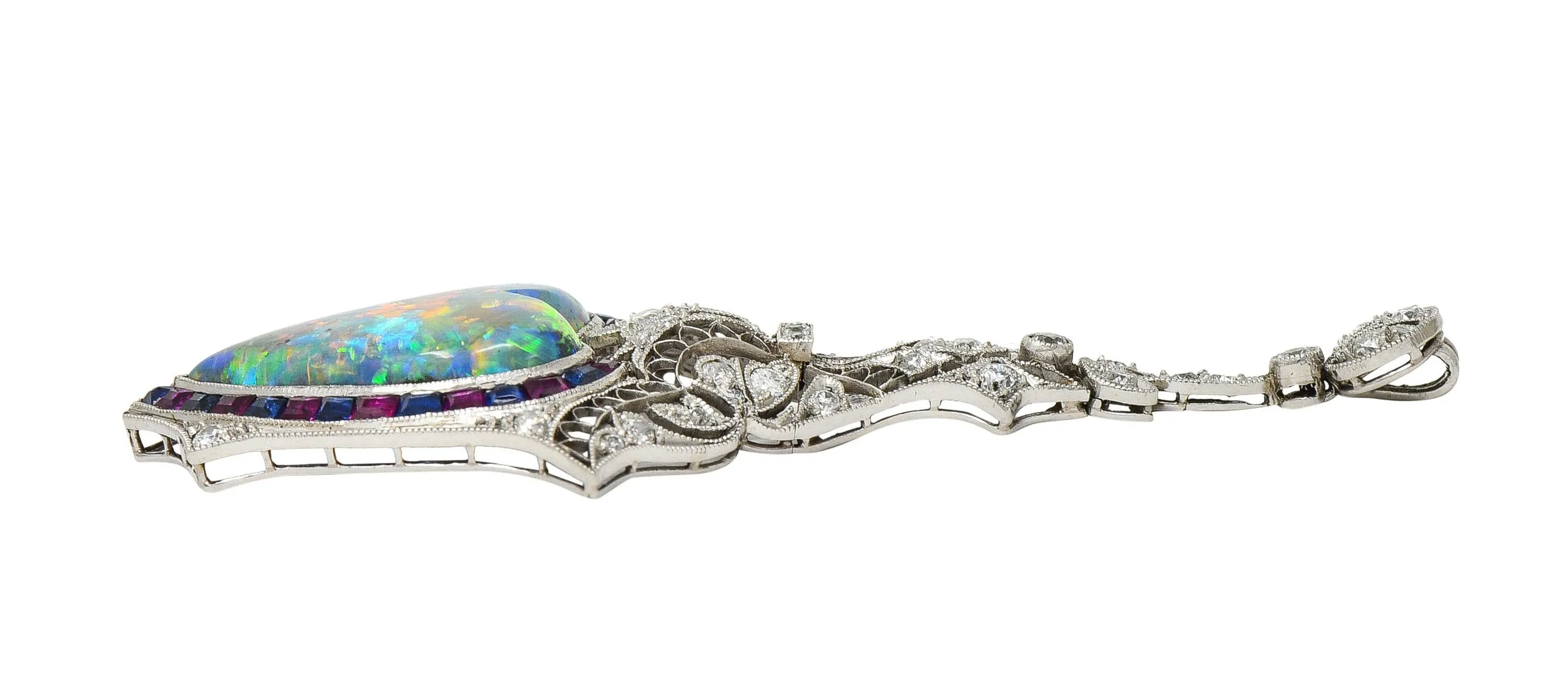 Edwardian 9.64 CTW Diamond Sapphire Ruby Heart Shaped Black Opal Foliate Antique Pendant