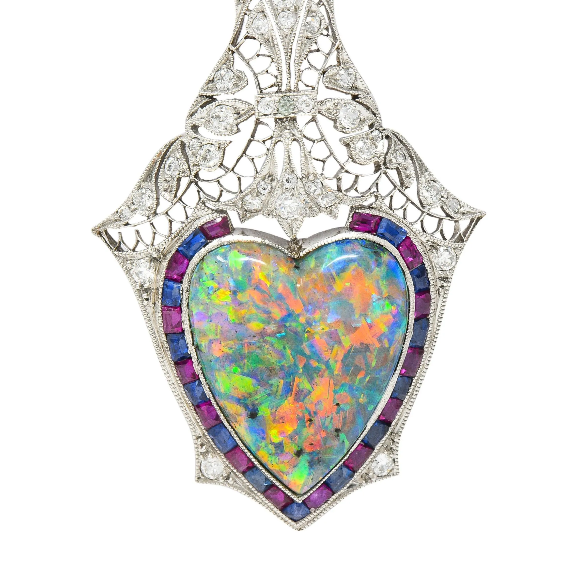 Edwardian 9.64 CTW Diamond Sapphire Ruby Heart Shaped Black Opal Foliate Antique Pendant