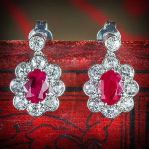 Edwardian Style Ruby Diamond Cluster Earrings 18Ct White Gold