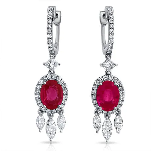 Elegant 2.50 ct Oval Ruby and Diamond Drop Marquise Dangle 18K White Gold Earrings