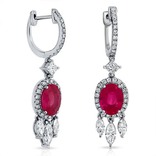 Elegant 2.50 ct Oval Ruby and Diamond Drop Marquise Dangle 18K White Gold Earrings
