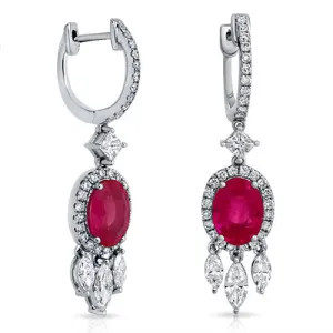 Elegant 2.50 ct Oval Ruby and Diamond Drop Marquise Dangle 18K White Gold Earrings